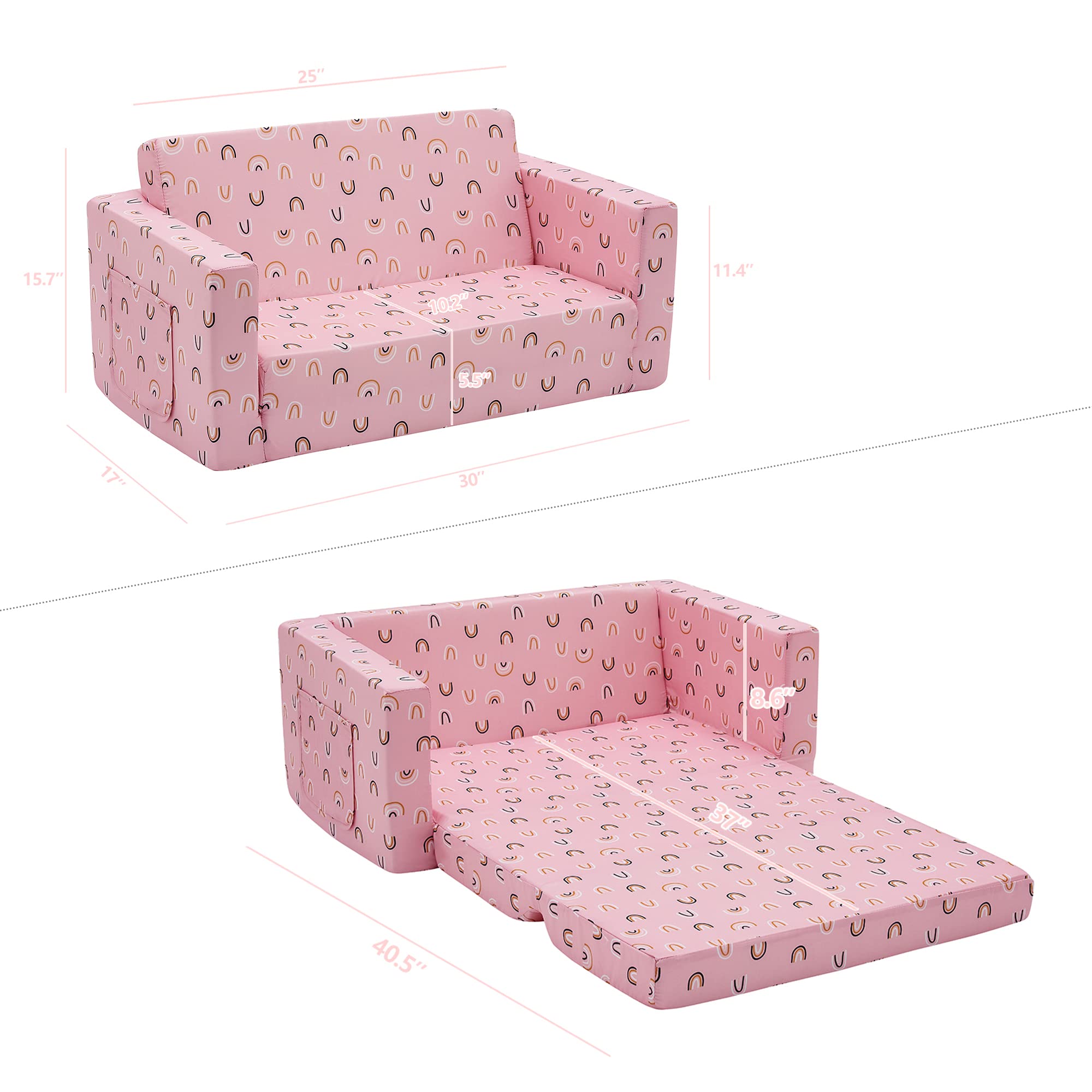 Ulax Kids 2-in-1 Fold Out Couch & Lounger - Convertible Sofa Bed for Children with Soft Plush Fabric (Pink Rainbow) - Perfect for Playrooms, Bedrooms & Sleepovers