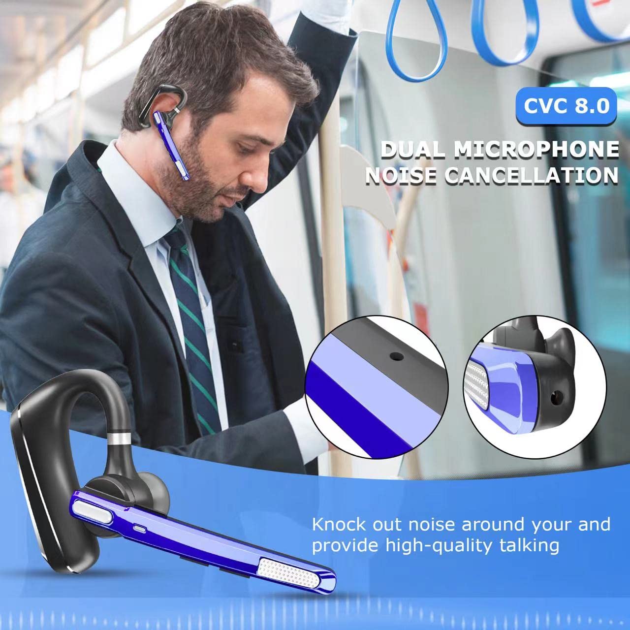 Wireless Bluetooth Headset V5.0 with 24Hrs Battery Life, HD Calling & CVC8.0 Dual Mic Noise Cancellation - Hands-Free Bluetooth Earpiece for Driving, Business, Office (Blue) | Perfect for Conference Calls, Commuting & Remote Work