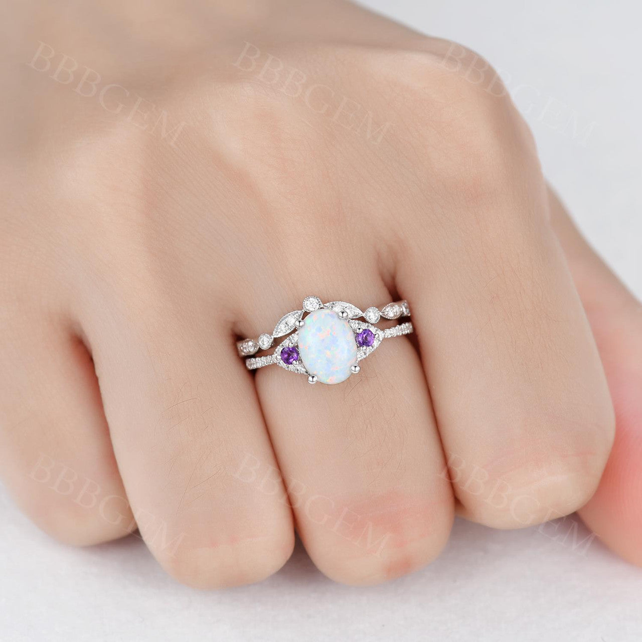 Vintage Art Deco Oval Opal Diamond Engagement Ring for Women - 14K Rose Gold Wedding Band with Amethyst Accent - Perfect for Proposals, Anniversaries & Special Occasions