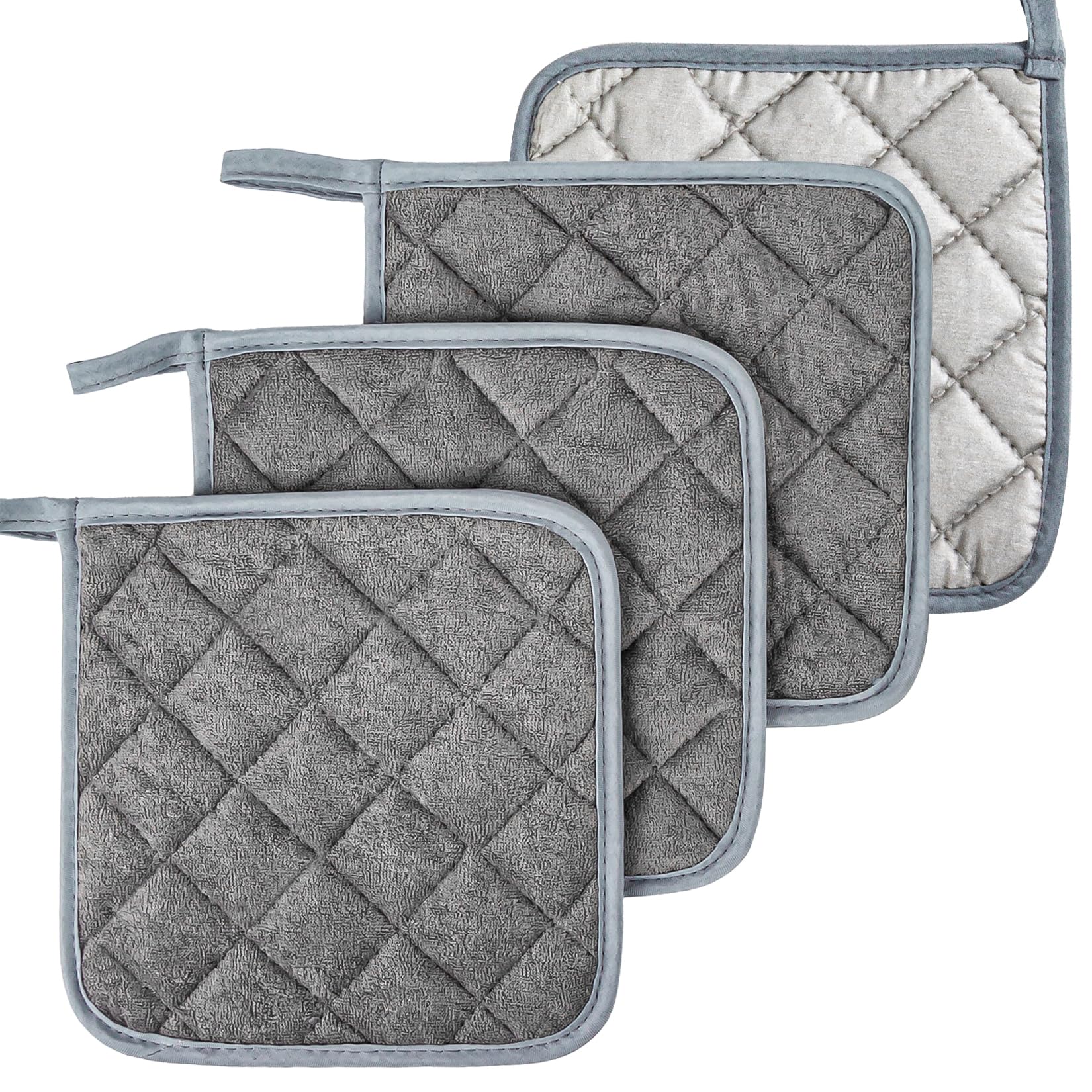 MAQIHAN 4-Pack Cotton Pot Holders Set - Heat Resistant Kitchen Pads for Cooking, Baking & Serving (7 Inch, Gray Terry Cloth) - Essential Kitchen Accessories & Decor for Oven, Stovetop & Dining Use