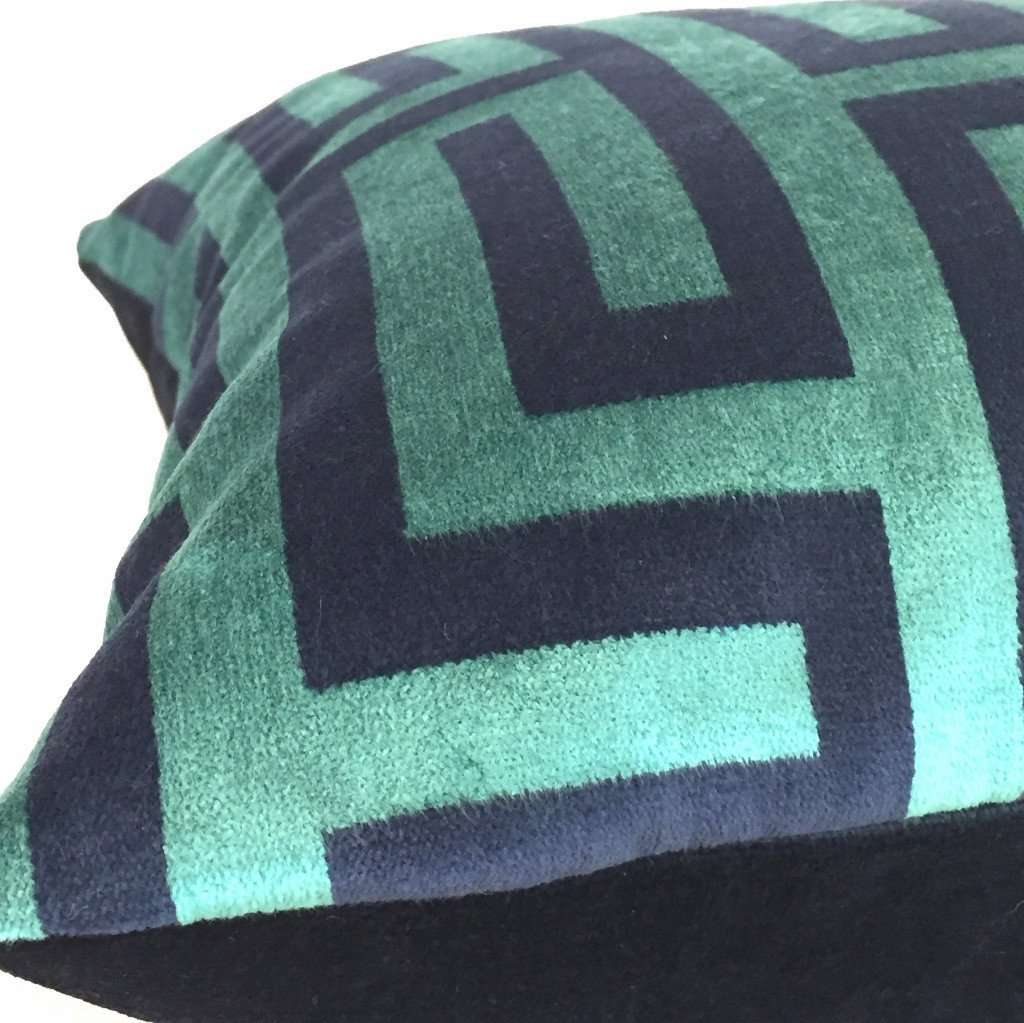 Robert Allen Larry Laslo Velvet Maze Aquamarine Greek Key Velvet Pillow Cover - Luxury Decorative Throw Pillow for Sofa, Bed, Living Room & Home Decor