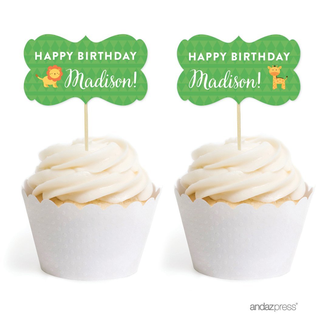 Personalized Jungle Safari Cupcake Toppers - DIY Baby Shower & Birthday Party Favors Kit - 18-Pack Double-Sided Giraffe & Lion Design - Custom Name for Cakes, Cupcakes & Desserts - Perfect for Baby Showers, Birthday Parties & Themed Events