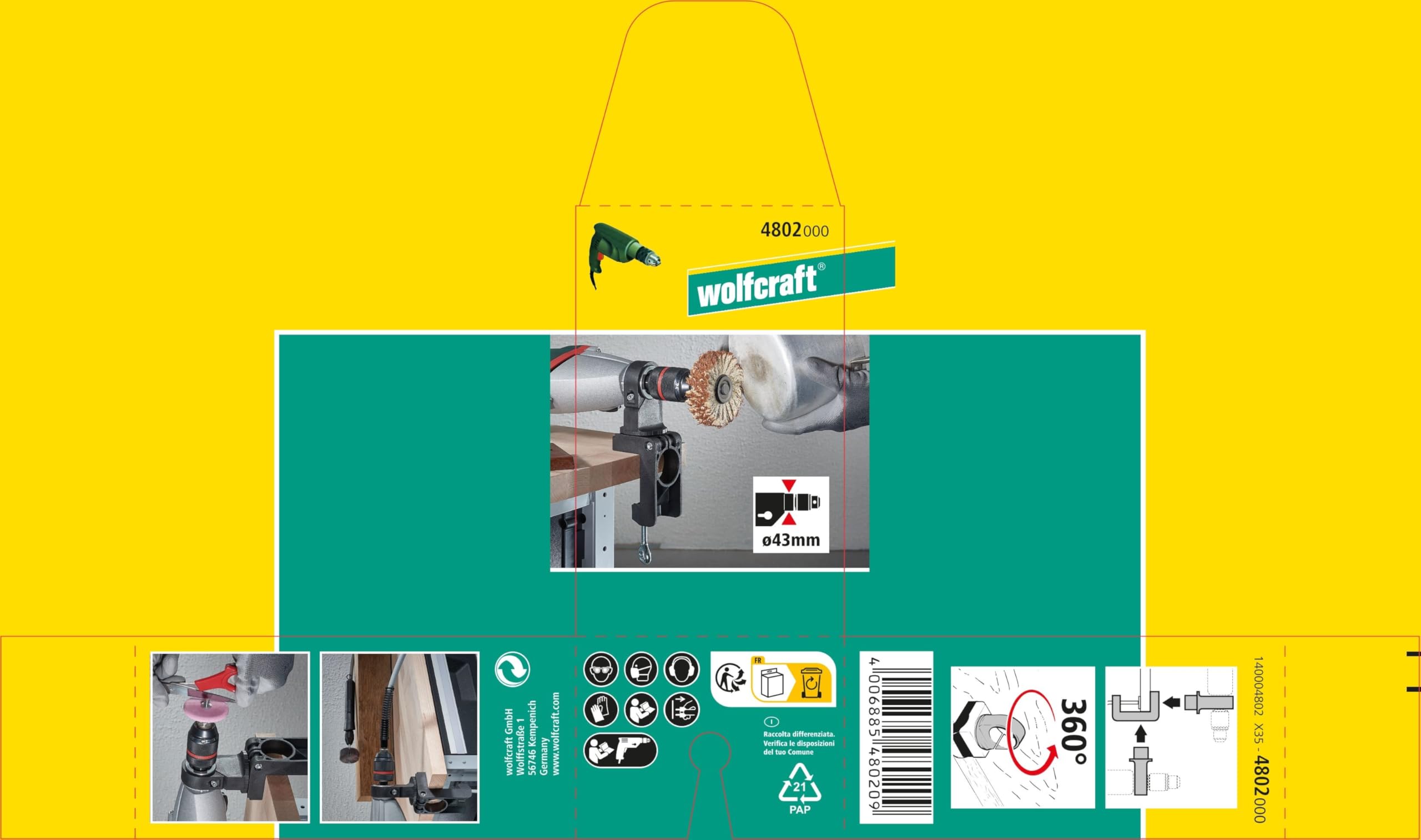 Wolfcraft Universal Drill Clamp - Rotatable Plastic Clamping Tool for Power Drills, Milling & Grinding Motors (Model 4802000) | Perfect for Horizontal & Vertical Positioning in Woodworking, Metalworking & DIY Projects