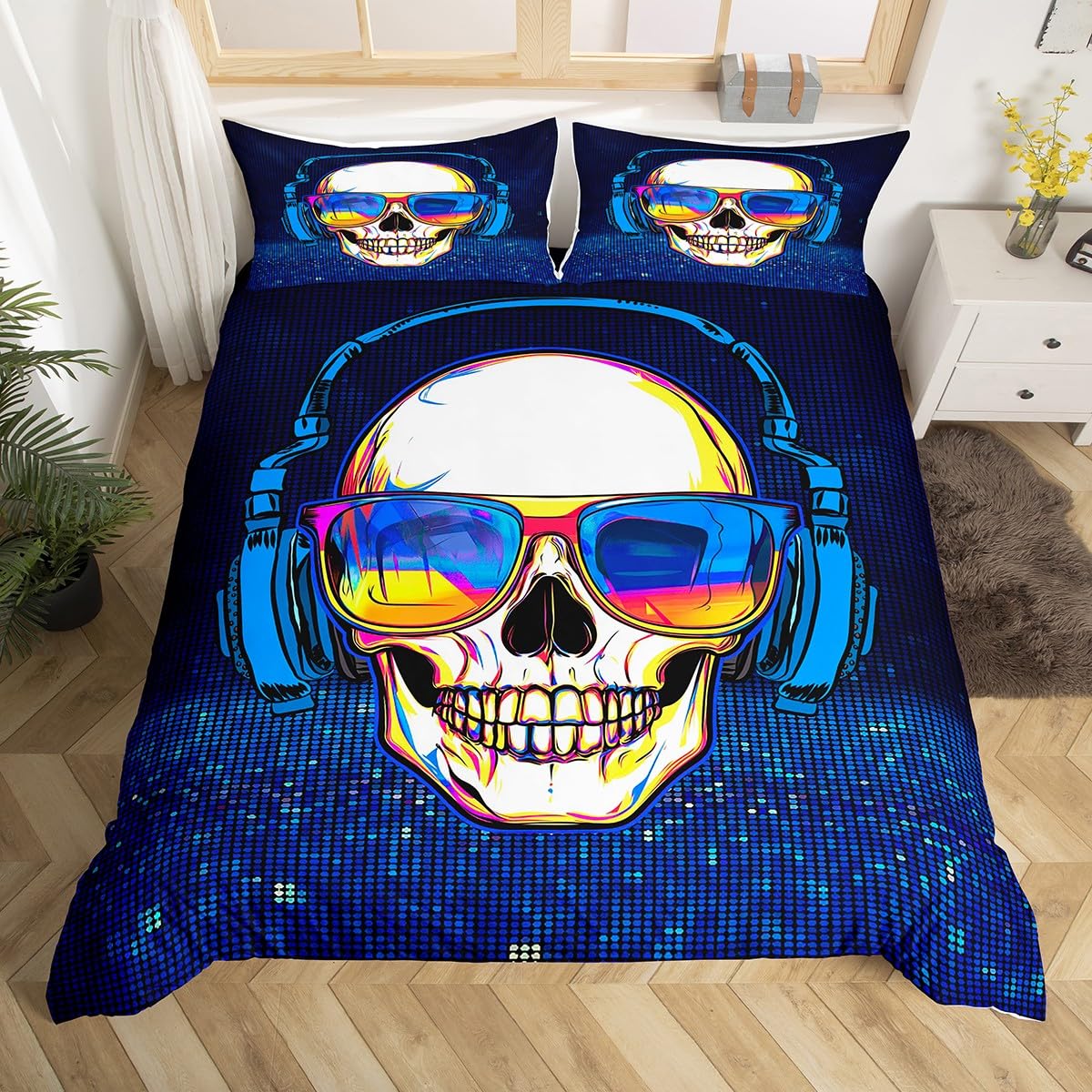 Erosebridal Boys Headset Skull Bedding Set - Full Size Music Skull Comforter Cover, Punk Rock Gothic Skull Duvet Cover for Teen & Adult Bedrooms - Perfect for Rock Music Lovers, Gothic Home Decor & Modern Bedroom Style