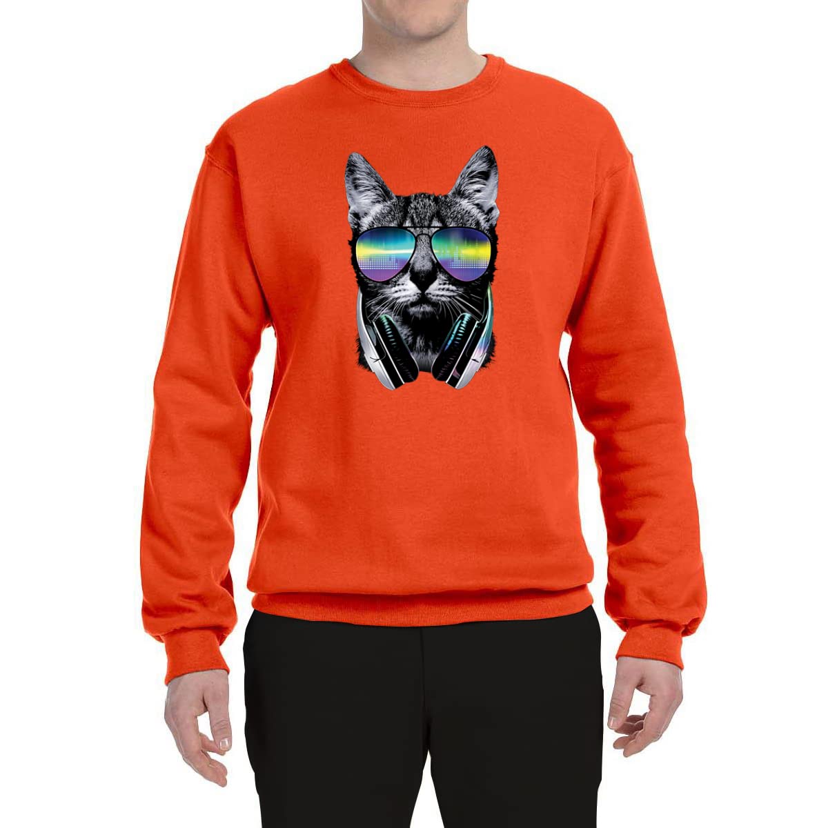 Wild Bobby DJ Kitty Cat with Headphones Graphic Sweatshirt - Cute Cat Lover Unisex Crewneck Pullover for Music & Dance Enthusiasts - Perfect for Concerts, DJ Nights & Casual Wear