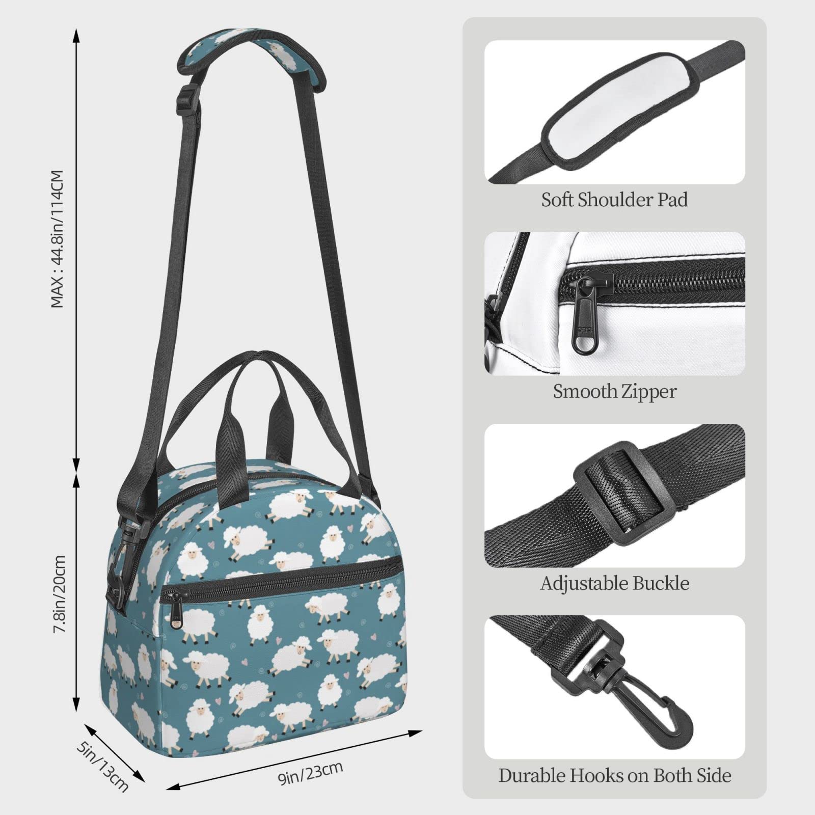 Insulated Reusable Lunch Bag with Adjustable Shoulder Strap - Cute Sheep Design for Office, School, Picnic & Travel | Eco-Friendly Food Container for Work Lunch or Outdoor Activities