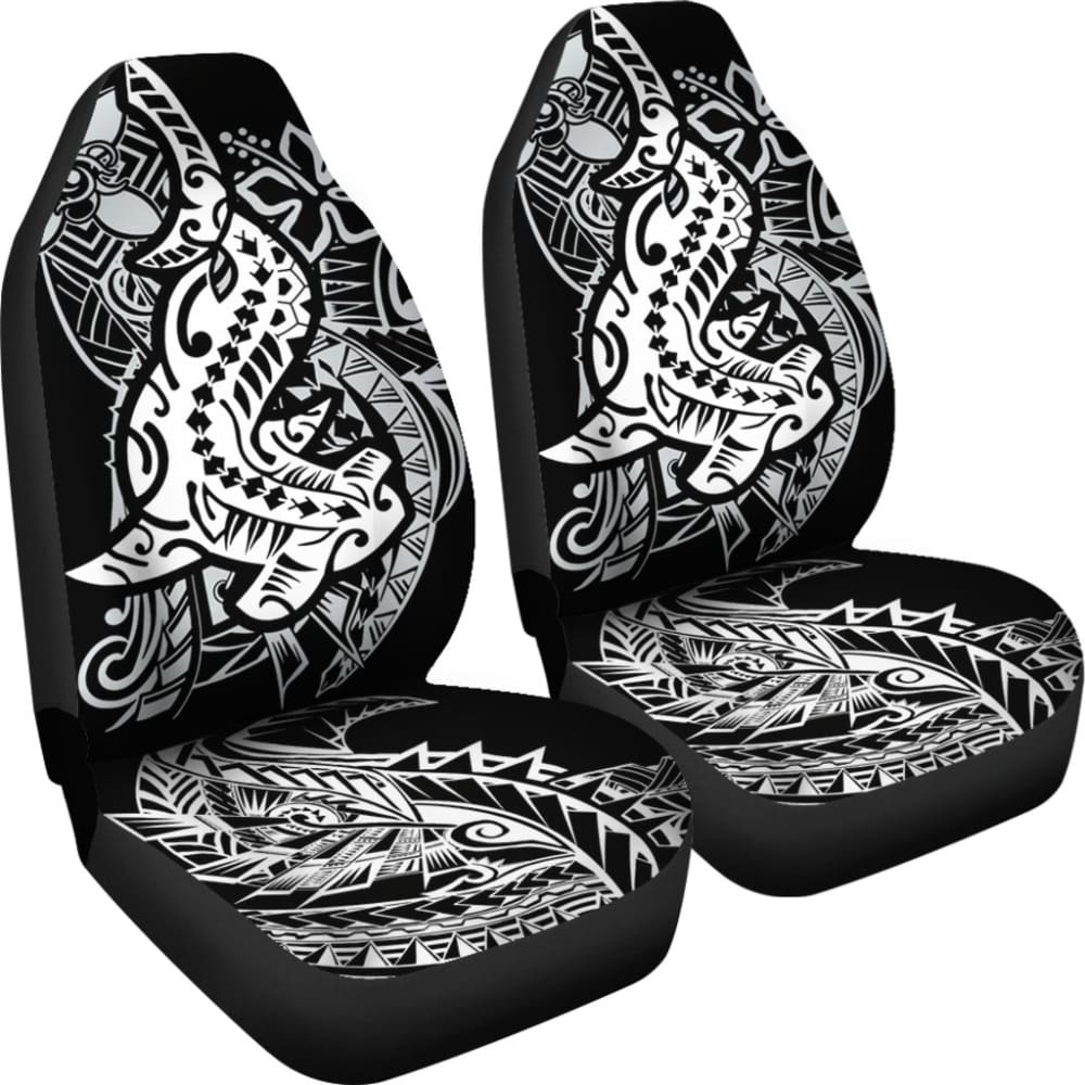 Premium Black & White Hawaiian Polynesian Shark Tattoo Design Car Seat Covers - Waterproof & Non-Slip for Trucks, SUVs, Sedans - Perfect for Beach Trips, Surfing Adventures & Tropical Themed Vehicles