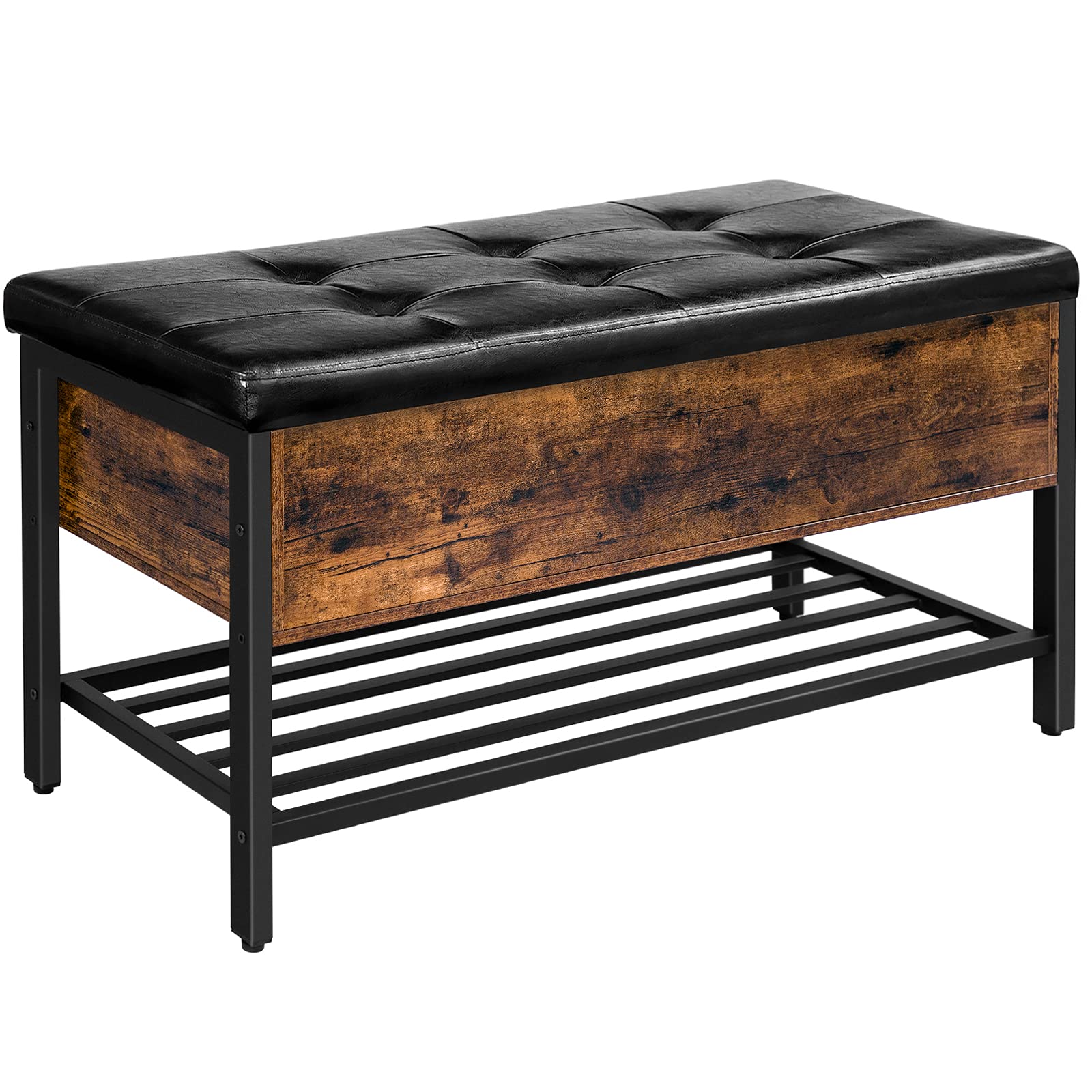 HOOBRO Industrial Rustic Brown and Black Storage Bench with Seating - Shoe Bench with Metal Shelf, Flip Top Toy Box & Bed End Stool for Bedroom, Entryway, Hallway - Perfect for Organizing Shoes, Toys & Home Decor (Model BF98CW01)