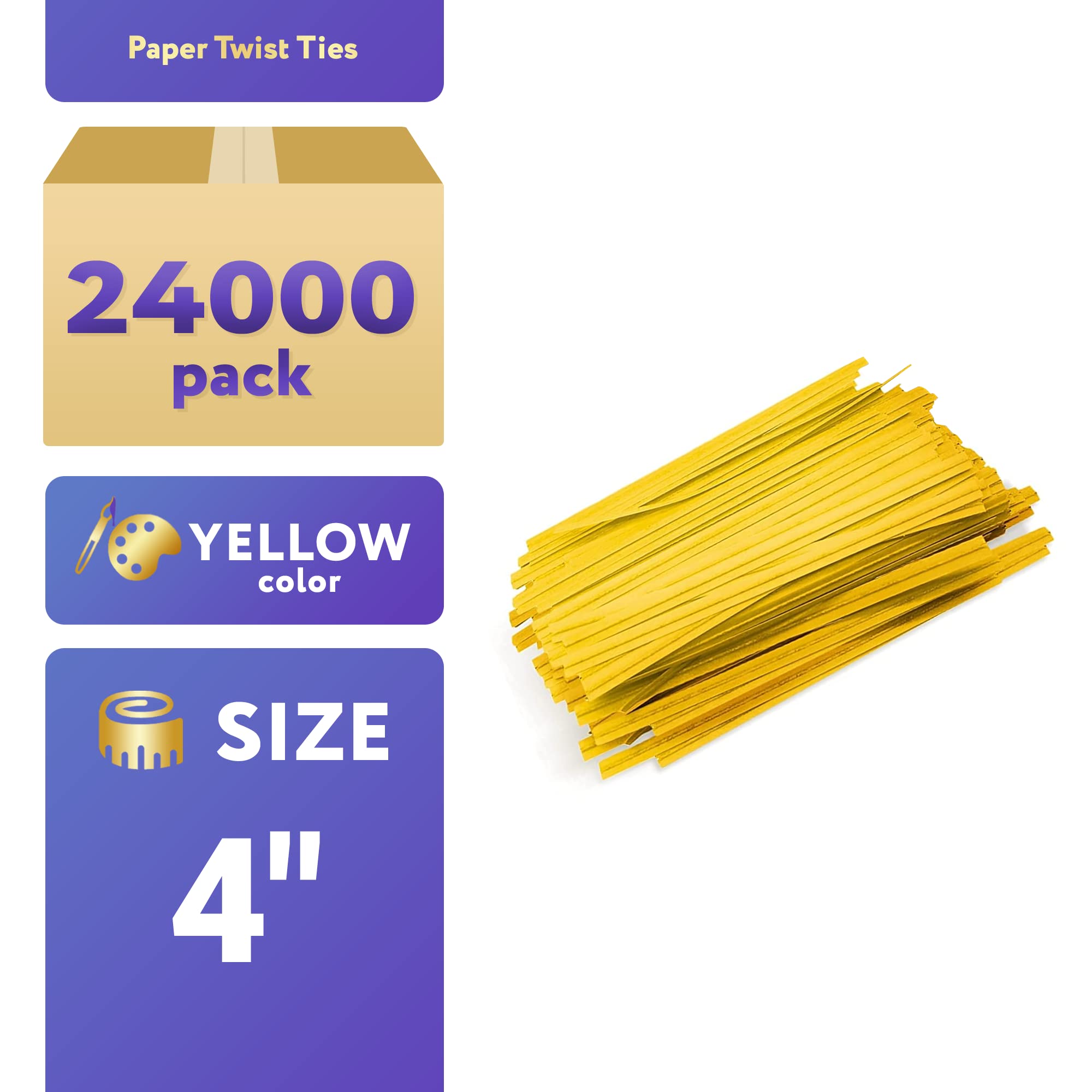 APQ 4-Inch Yellow Metallic Twist Ties for Bags - 24,000 Pack Plastic-Coated Reusable Bread Ties | Heavy-Duty Twisty Ties for Treat Bags, Bread Loaves & Food Packaging | Secure Sealing for Bakery, Grocery & Household Use