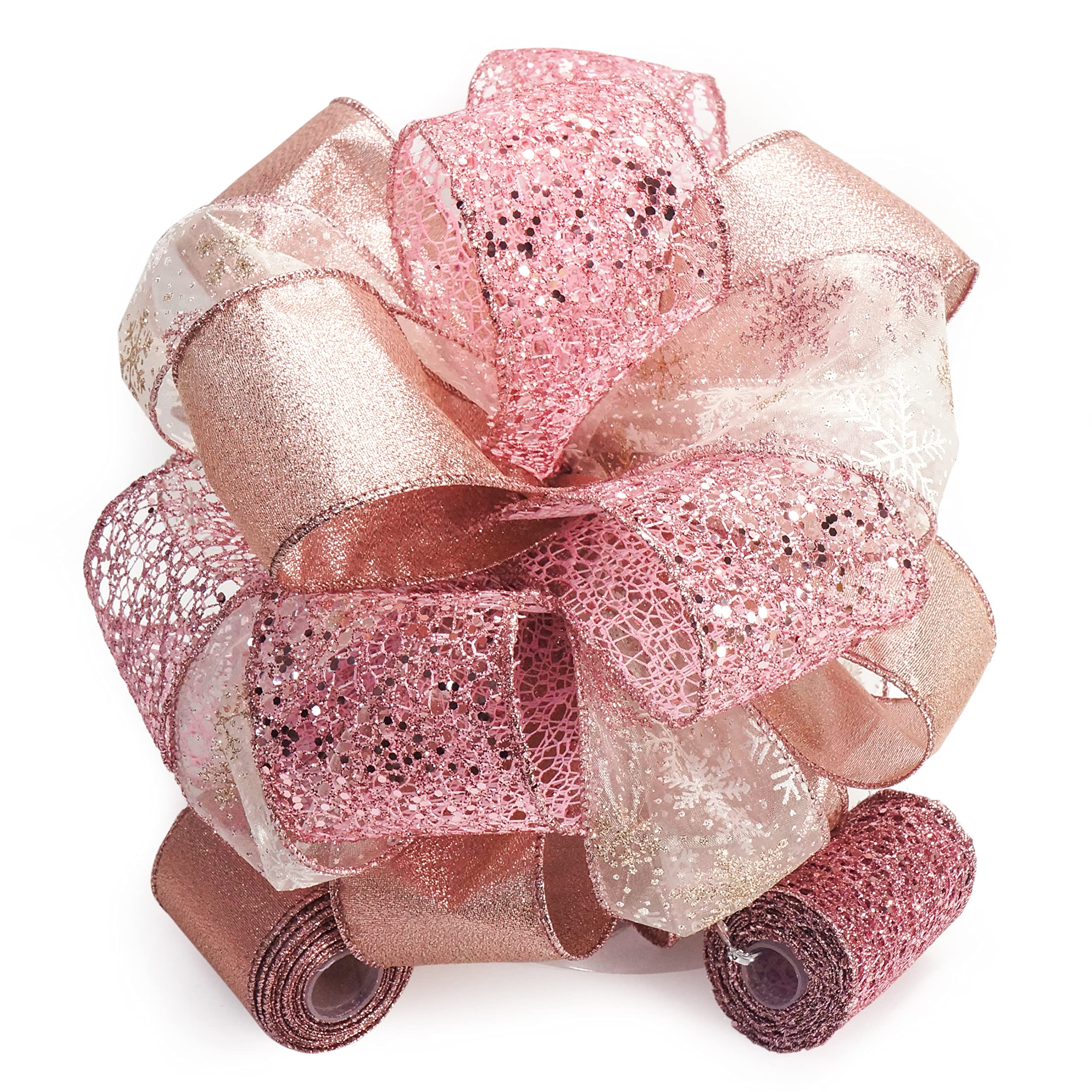 Rose Gold Snowflake Christmas Tree Topper Bow - 11 Inch with 4 Ribbon Streamers (3 Yards Each) - Elegant Holiday Decor for Xmas Tree, Home, Party & Indoor Decoration
