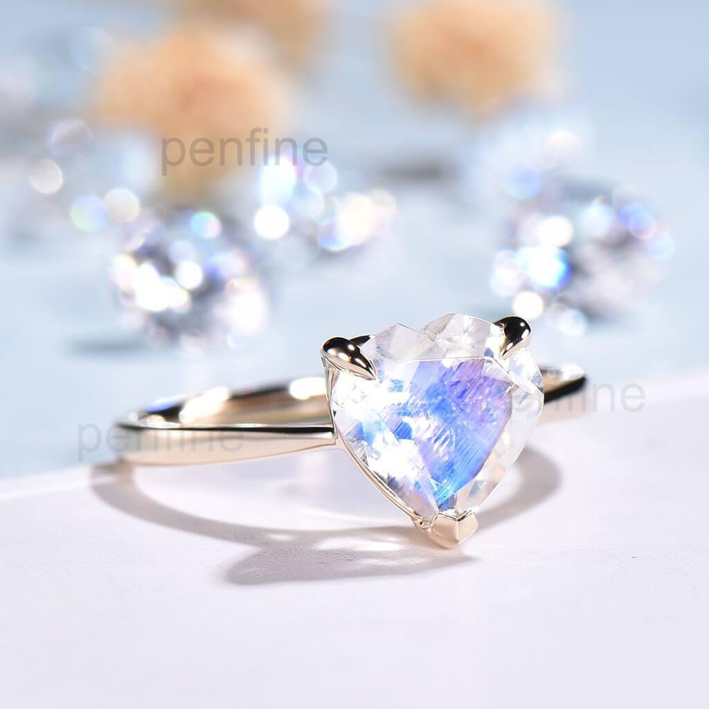 Heart Shaped Rainbow Moonstone Engagement Ring - Solitaire Silver Band for Women, Perfect for Proposals, Anniversaries & Romantic Gifts