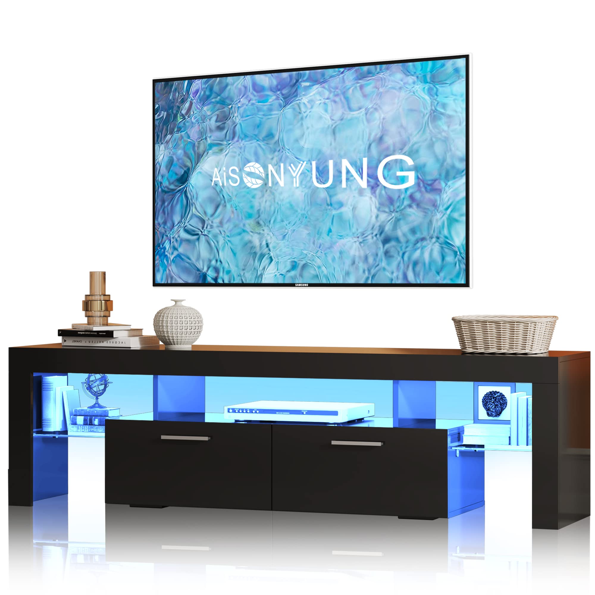 AiSONYUNG Black LED TV Stand for 55-65 Inch TVs - High Glossy Modern Entertainment Center with Large Storage - Wood Media Cabinet for Gaming, Living Room, Bedroom & Office - Perfect for Home Theater & Entertainment Setup