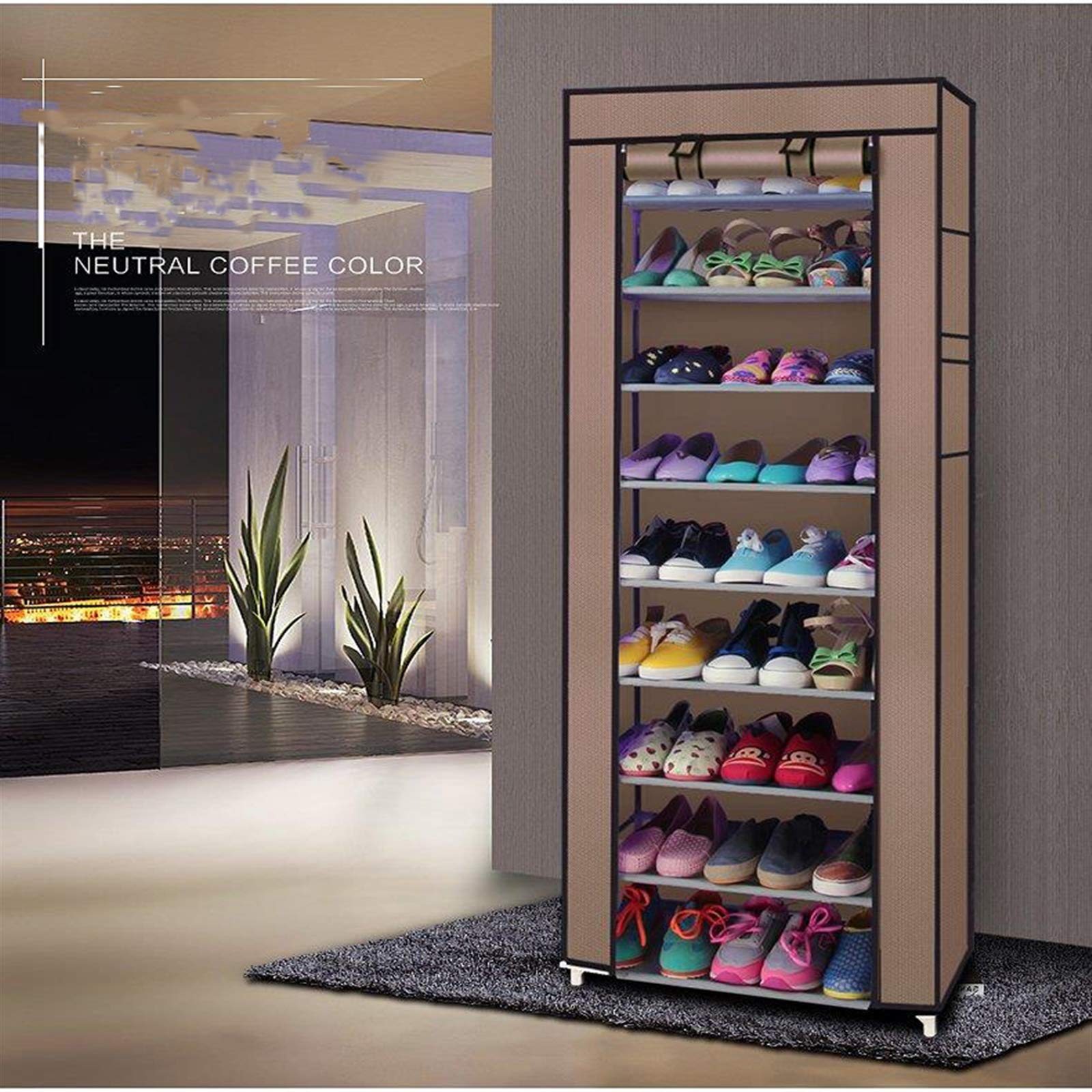 10-Tier Shoe Rack Organizer with Dustproof Cover - Free Standing Shoe Storage Cabinet for Closet, Entryway & Bedroom - 22.83 x 11.4 x 63 Inch Coffee Brown Shoe Shelf for Sneakers, Boots & Heels