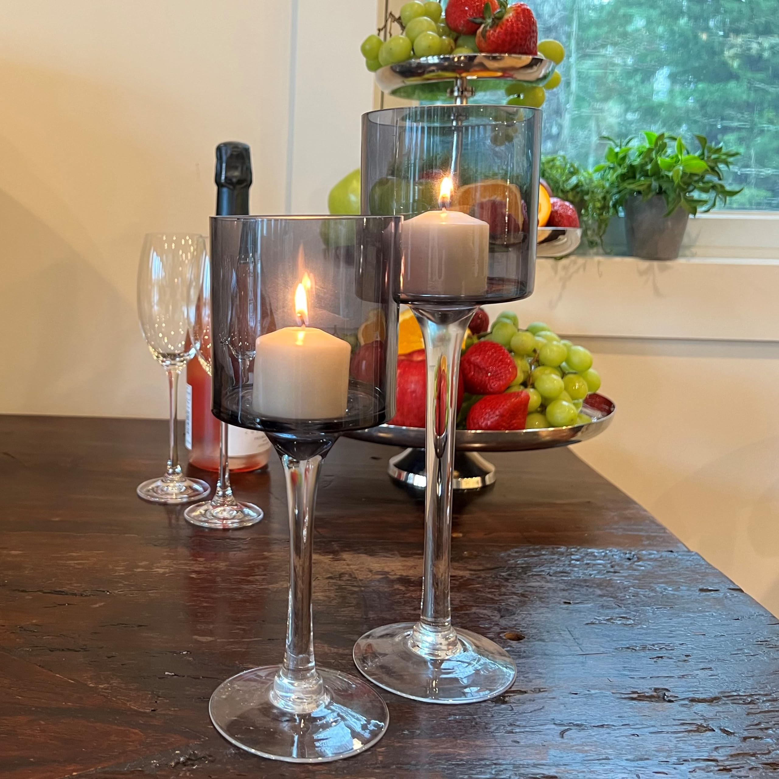 Elegant Glass Goblet Candle Holders Set of 2 - Grey Cups with Clear Stems, 9.75 & 11.75 Inch Lacquered Glass Votive & Tealight Candle Holders for Wedding Centerpieces, Romantic Dinner Decor, and Home Ambiance Lighting