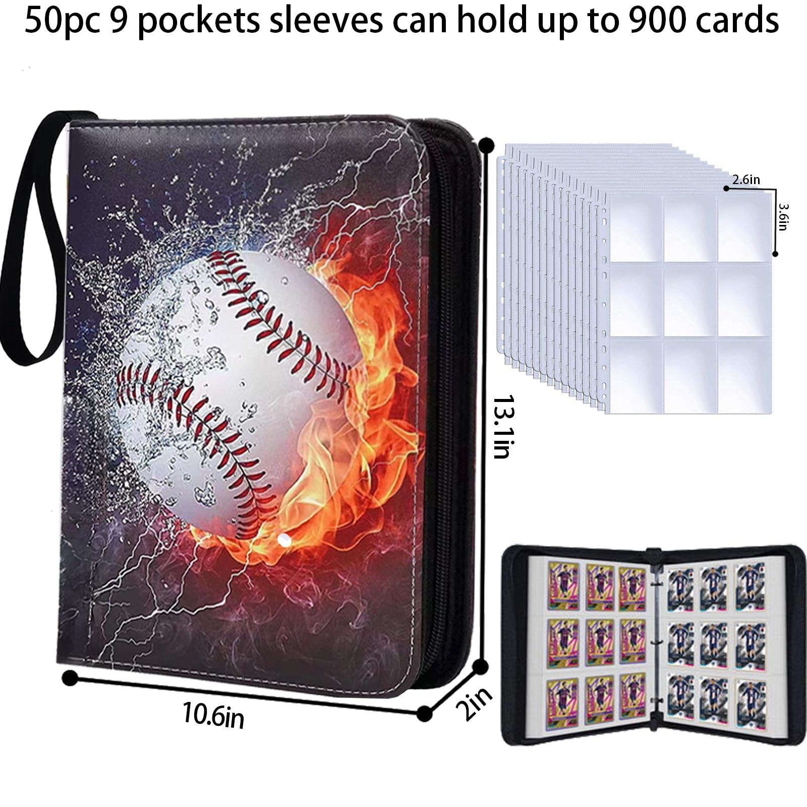 PHIONXEI 9-Pocket Baseball Card Binder with 50 Sleeves - 900 Pockets Trading Card Organizer for Sports Cards, Collectibles & TCG - Perfect for Storage, Display & Trading (Black)