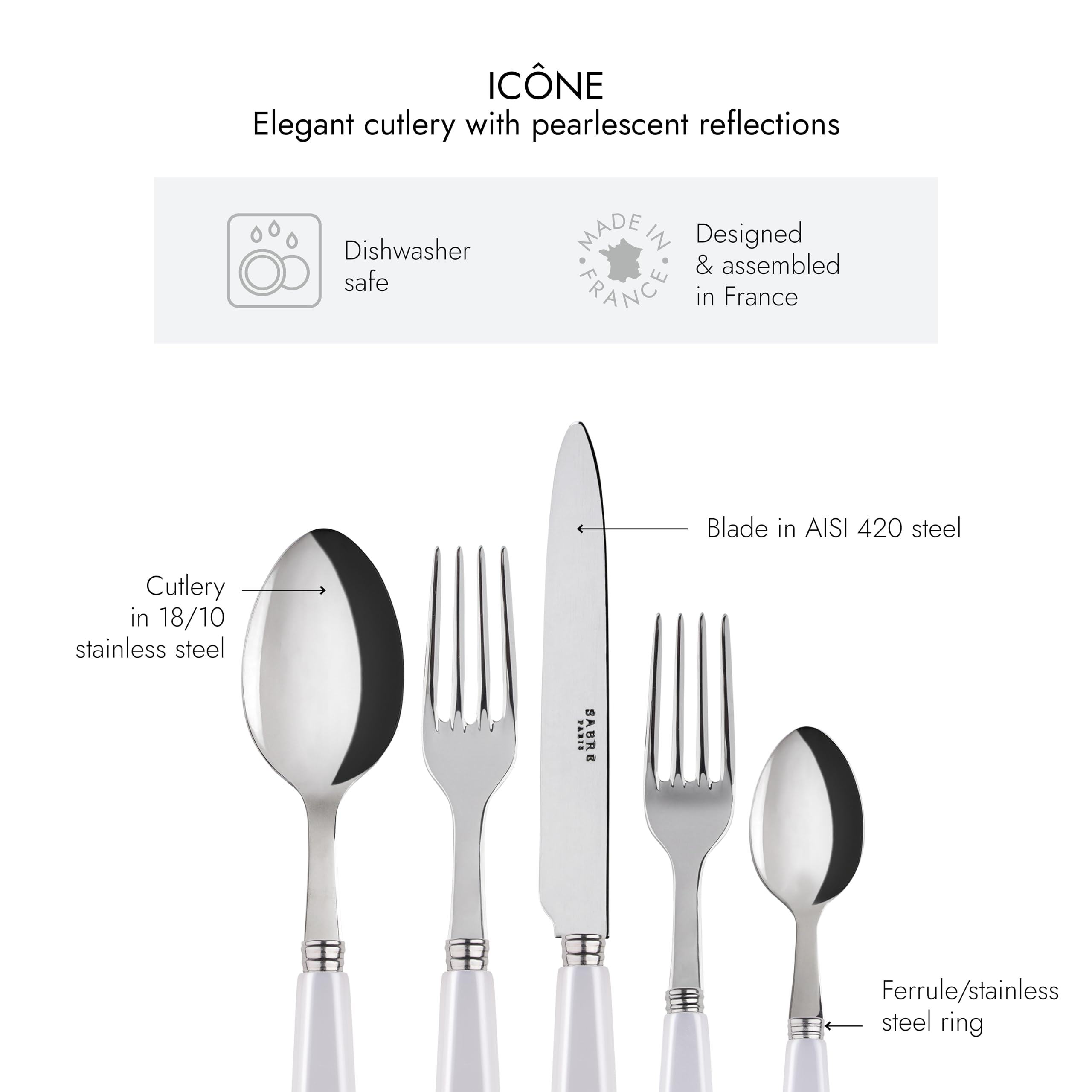 Sabre Natura 5-Piece Flatware Set - Premium Stainless Steel Cutlery Set in White | Elegant Tableware for Dining, Kitchen & Restaurant Use