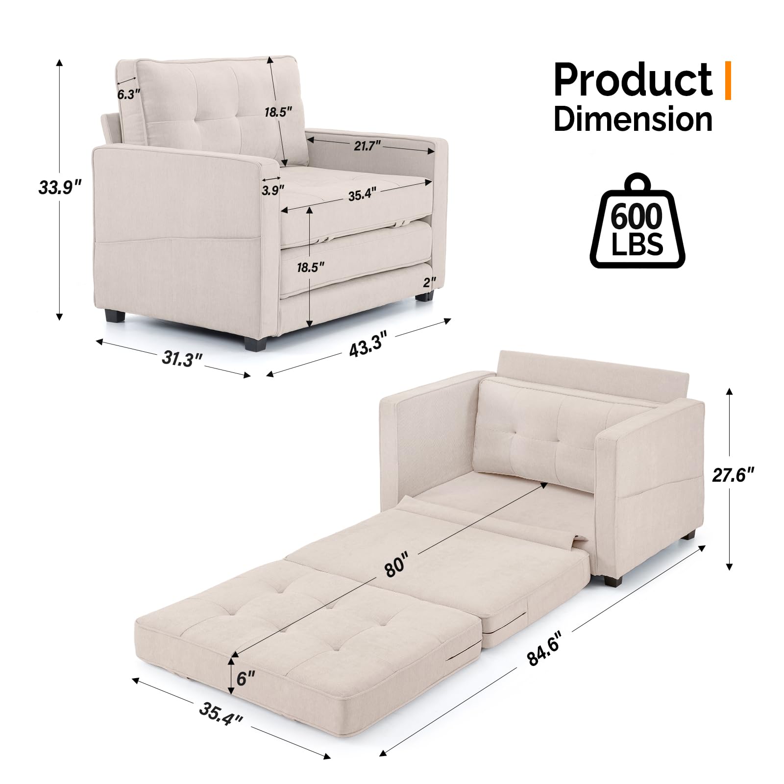 VINGLI Convertible Sleeper Chair Bed - Foldable Sofa Bed for Living Room, Office & Guest Room - Single Futon Couch in Beige - 43