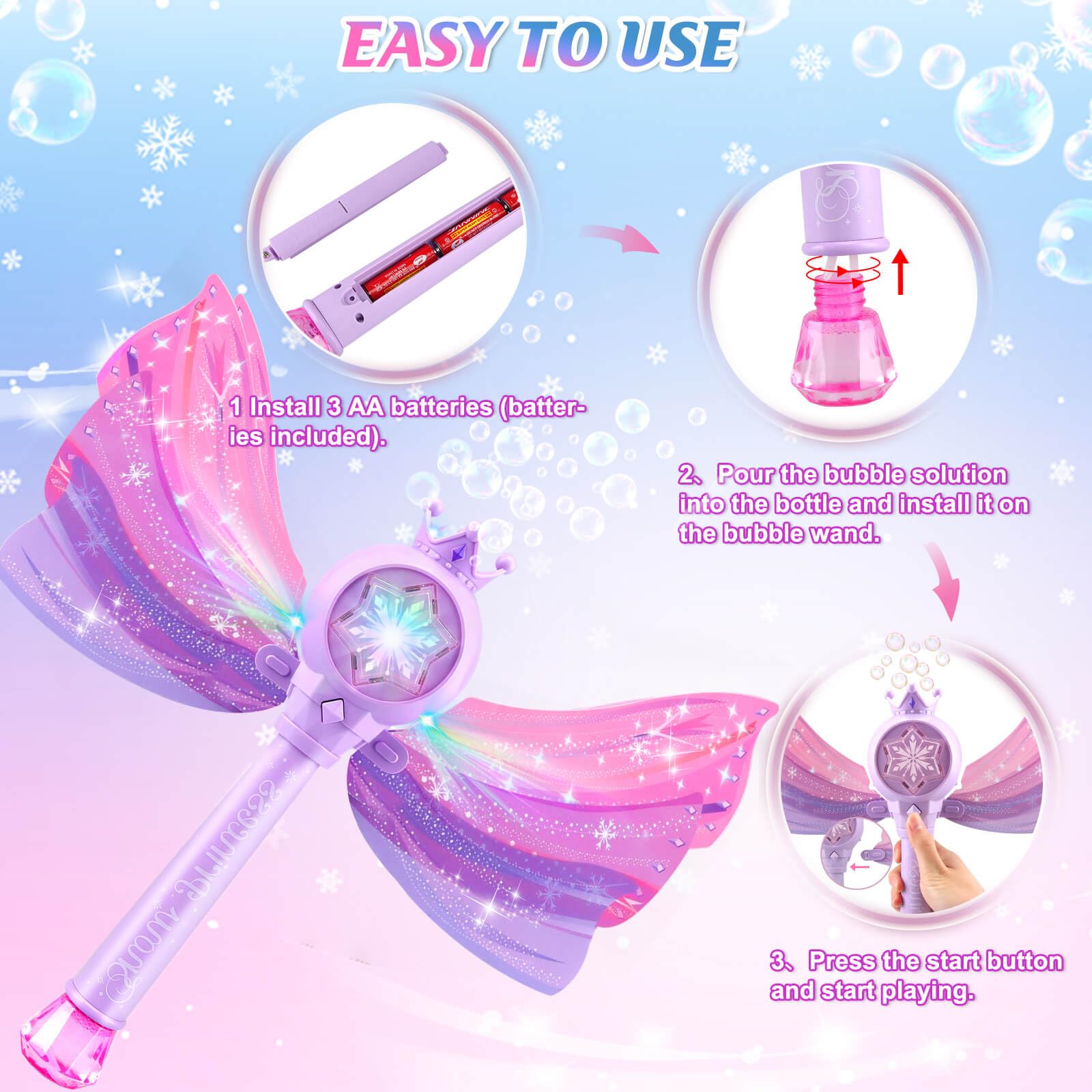 LED Bubble Wand with Music & Lights - Rechargeable Bubble Blower Toy for Kids, Includes 2 Bubble Solutions - Perfect Outdoor Birthday Party Gift for Girls Ages 3-8 (Purple) | Fun for Backyard Play, Summer Activities & Toddler Entertainment