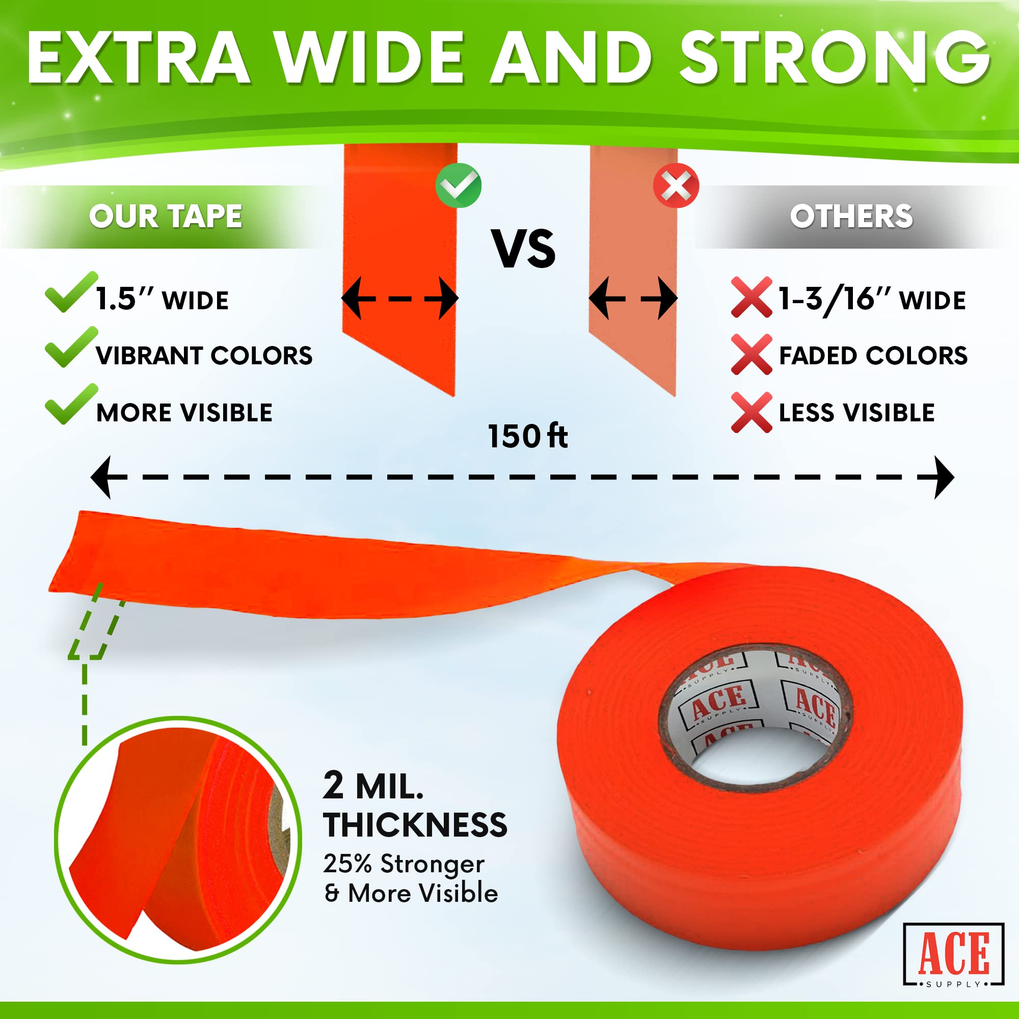 Orange Flagging Tape 12 Pack - 1.5 Inch Wide, 150 Feet Long Non-Adhesive Marking Tape - High Visibility Surveyor Tape for Trees, Branches & Construction Sites - Perfect for Land Surveying, Forestry Work, Hazard Marking & Outdoor Safety Barriers