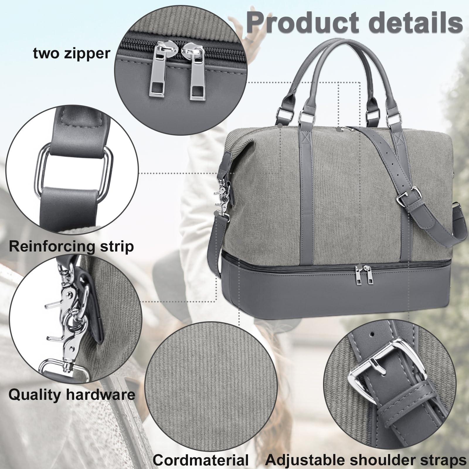 LOIDOU Women's Corduroy Weekender Bag with Shoe Compartment - Large Travel Duffel Tote for Overnight Trips, Hospital Delivery & Labor Bag - Perfect for Weekend Getaways, Maternity Visits & Carry-On Travel