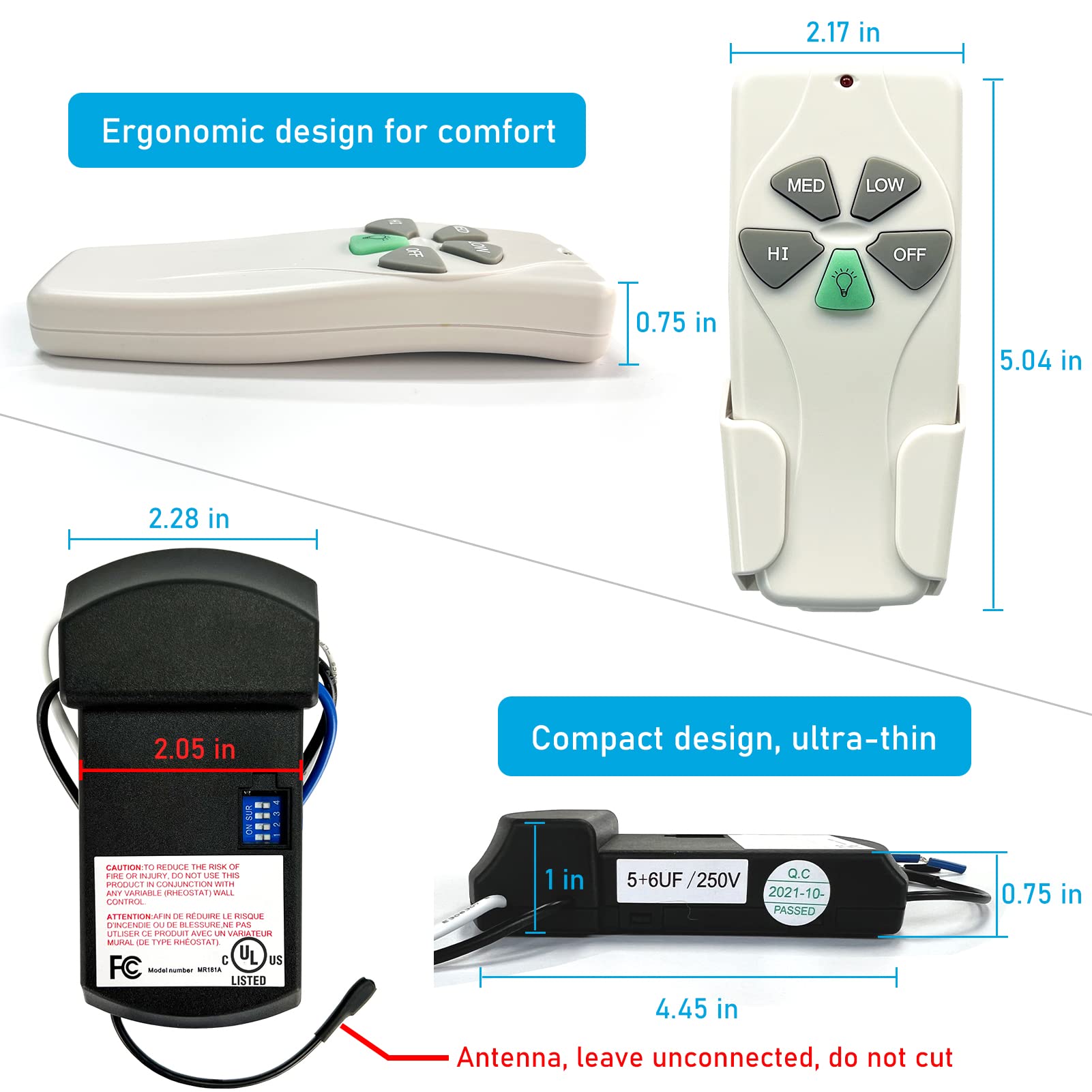 Universal Ceiling Fan Remote Kit - 3 Speeds & Dimmer, UL Listed for Home & Office