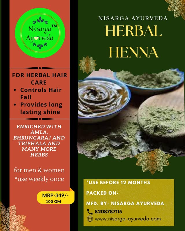 Nisaraga Ayurveda Premium Herbal Henna for Hair Fall Control, Nourishment & Shine - 100g | Natural Hair Treatment for Smooth, Silky Hair | Perfect for Dry, Damaged Hair & Scalp Care