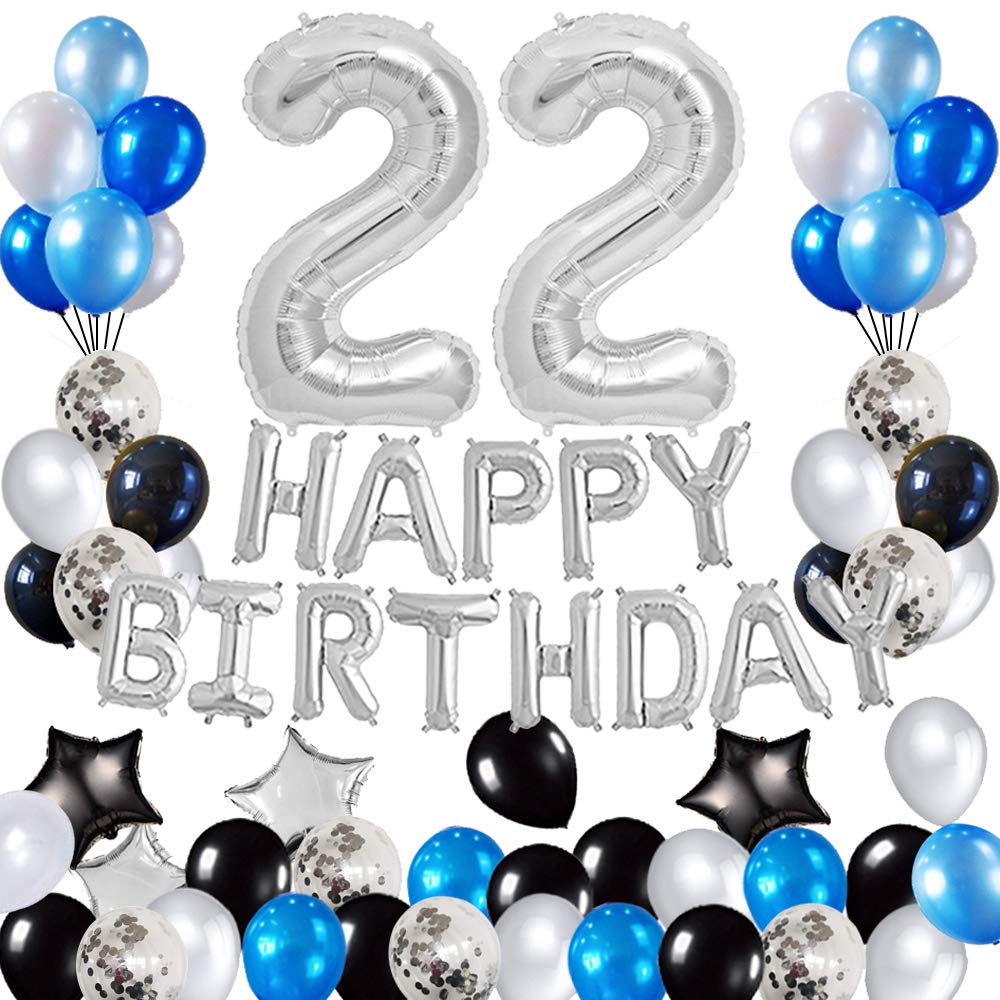 22nd Birthday Party Decorations Set - Happy Birthday Foil Banner, Number 22 & Star Balloons, 47pcs Silver & Blue Latex Balloons for Adult Birthday Celebration, Graduation Party, Anniversary Decorations