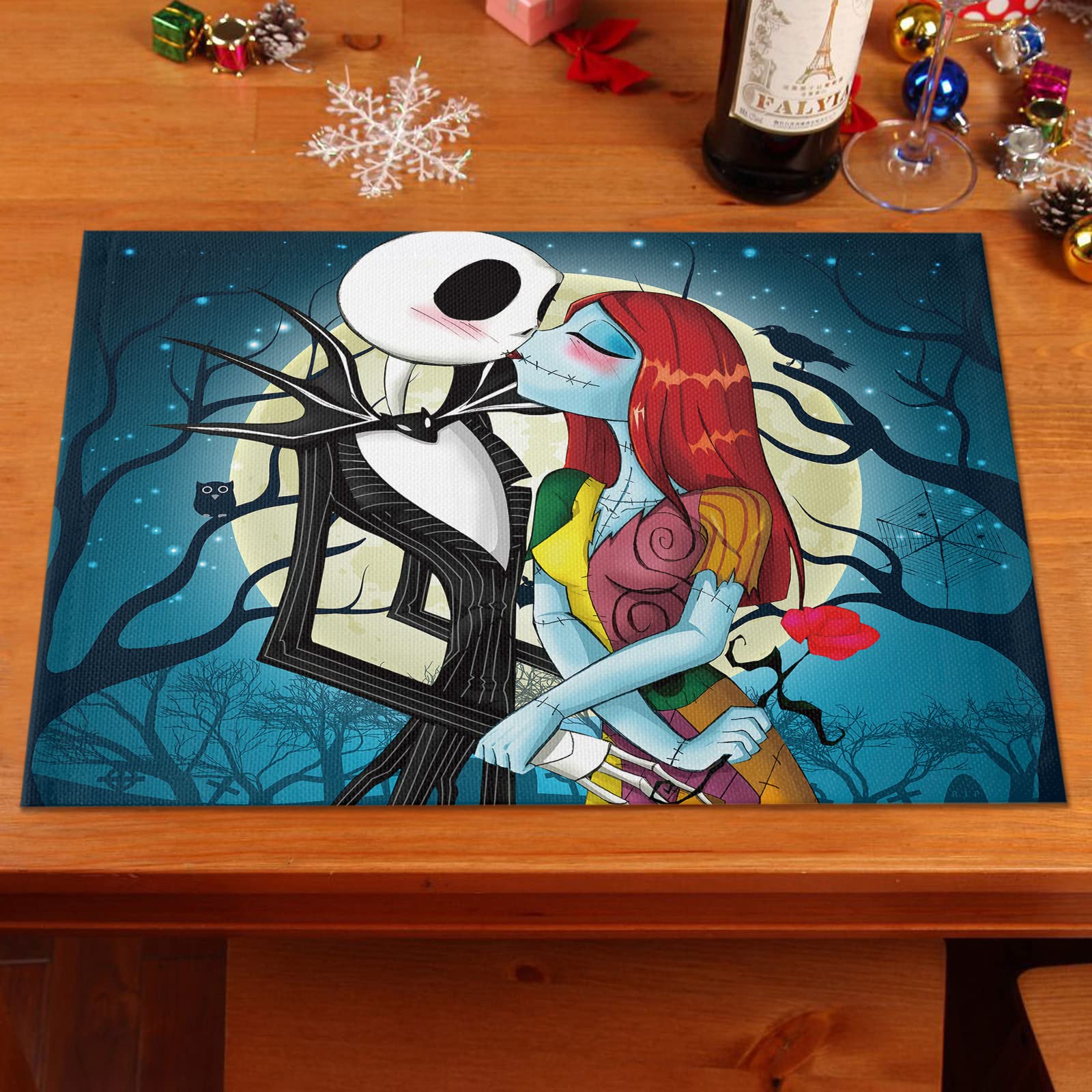 4Pcs Christmas Placemats Set - Skellington Jack and Sally Themed, Heat Resistant & Washable Table Mats for Kitchen Dining - Perfect for Holiday Decorations, Dinner Parties & Nightmare Before Christmas Fans