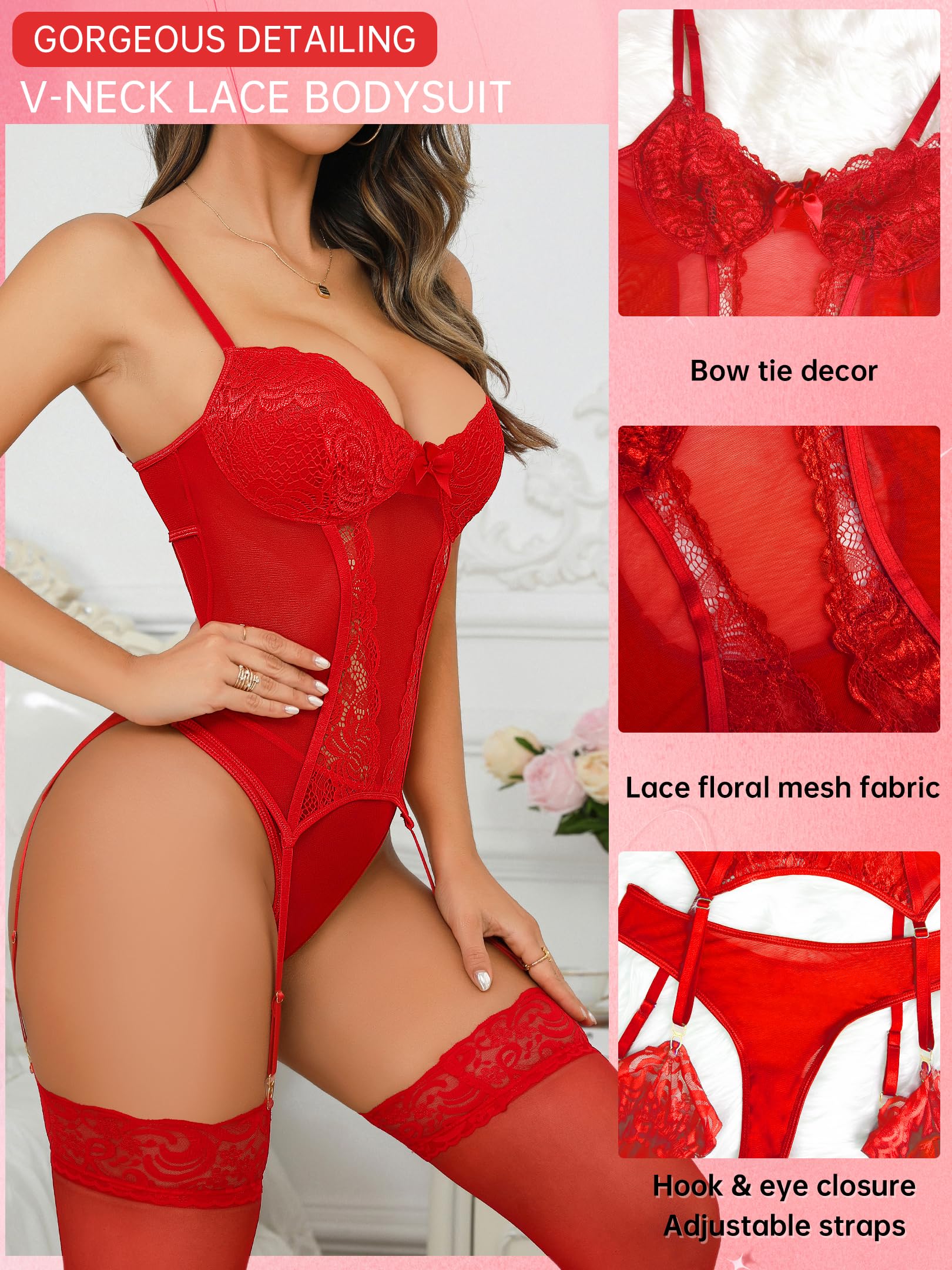 Sexy Women's Lingerie Set - Lace Bodysuit Teddy with Garter Belt & Stockings | Baby Doll Nightwear for Romantic Nights & Boudoir Photography