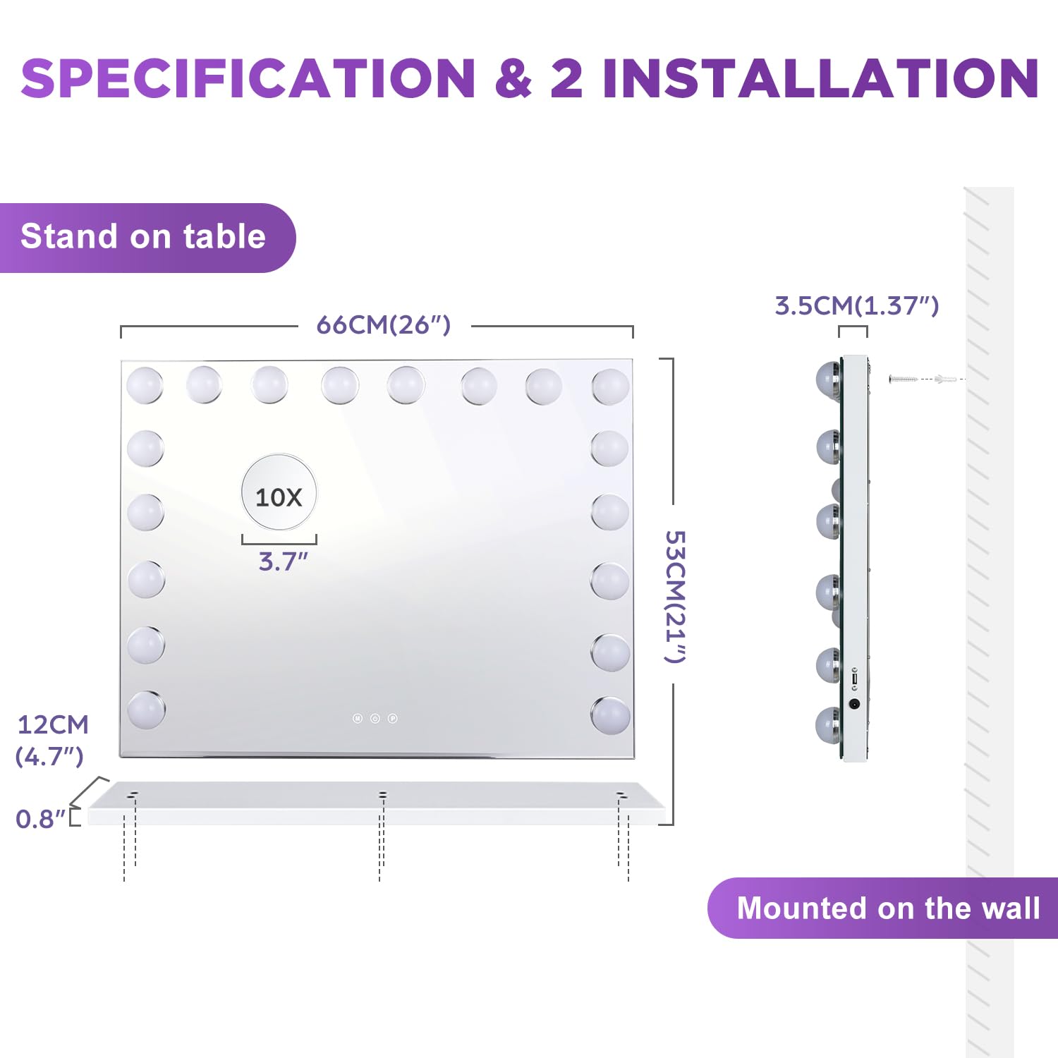 MIVONDA Hollywood Vanity Mirror with 18 LED Bulbs - Large Lighted Makeup Mirror with Dimmable 3 Lighting Modes, Plug-in & USB Charger Port (White) - Perfect for Dressing Table, Bedroom, Bathroom & Professional Makeup Artists