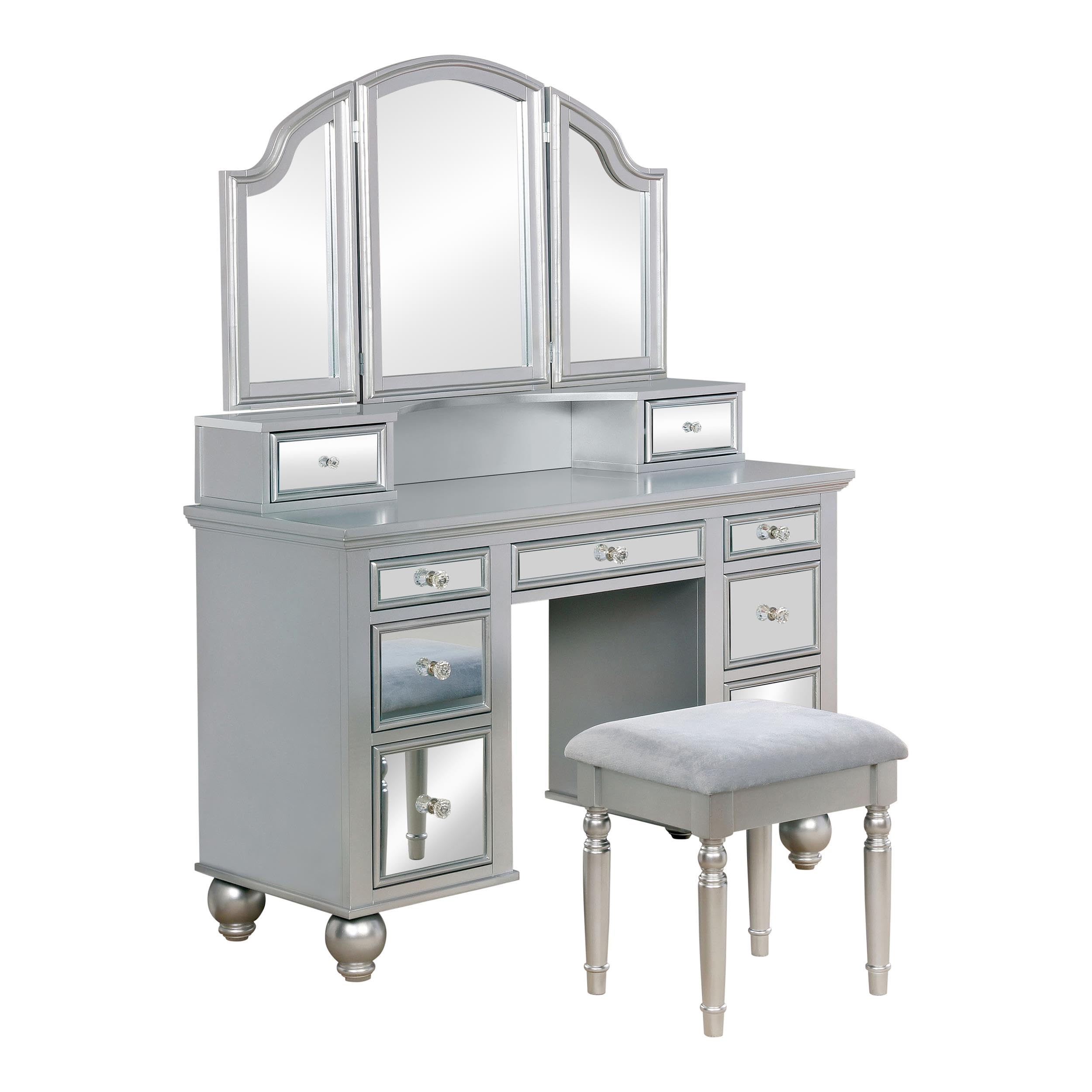 Furniture of America Diane Contemporary Wood 3-Piece Vanity Set in Silver - Modern Dressing Table with Mirror & Stool for Bedroom Makeup & Beauty Routine