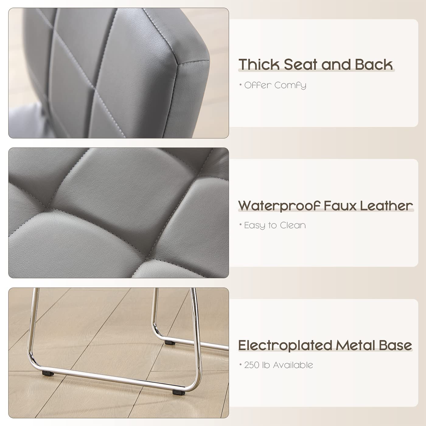 Modern Grey Faux Leather Dining Chairs Set of 2 - Comfortable Kitchen & Dining Room Chairs with Chrome Legs - Perfect for Home, Office, Restaurant & Waiting Areas