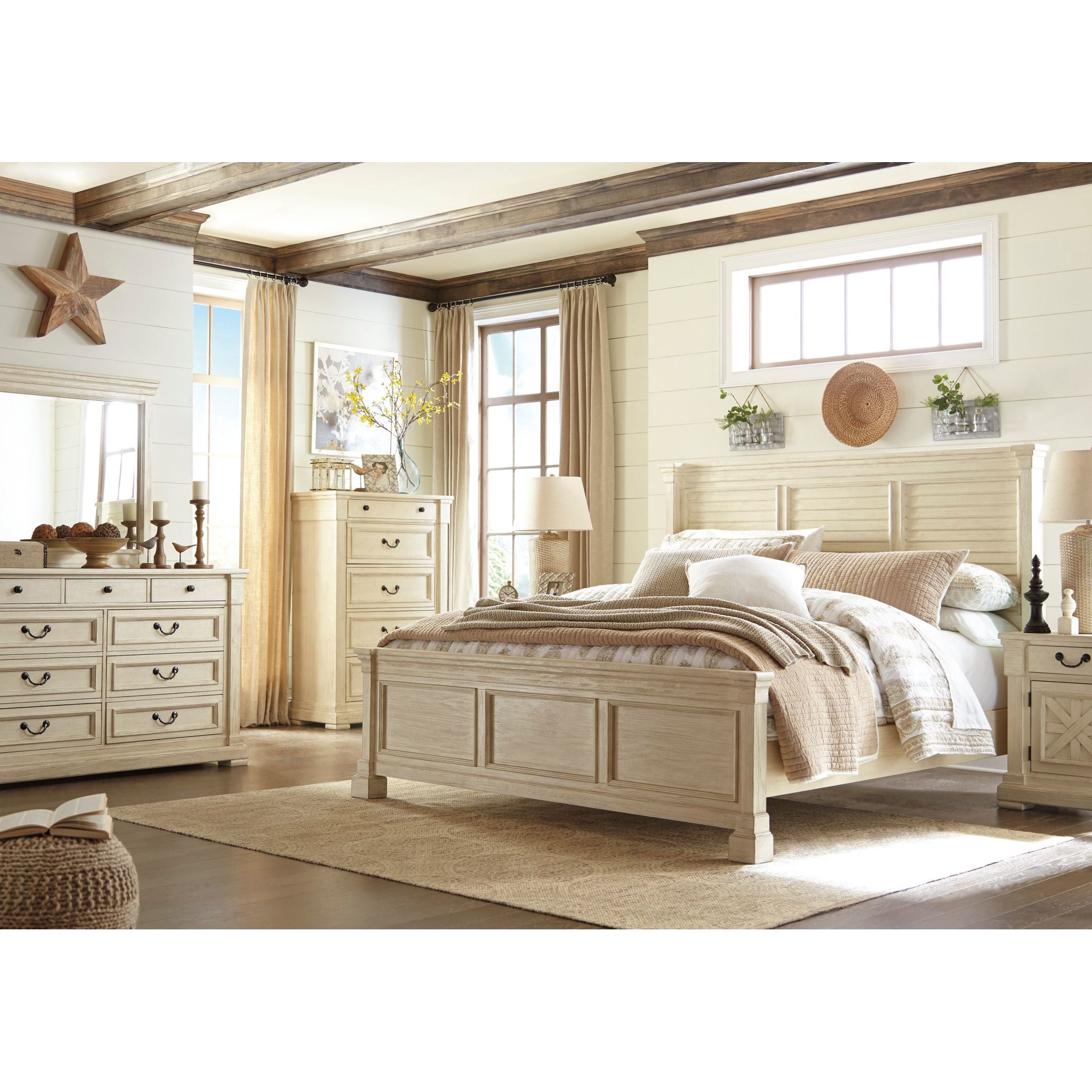 Bolanburg 6-Piece Queen Louvered Bedroom Set in White - Modern Farmhouse Style Bedroom Furniture for Master Bedroom & Guest Room