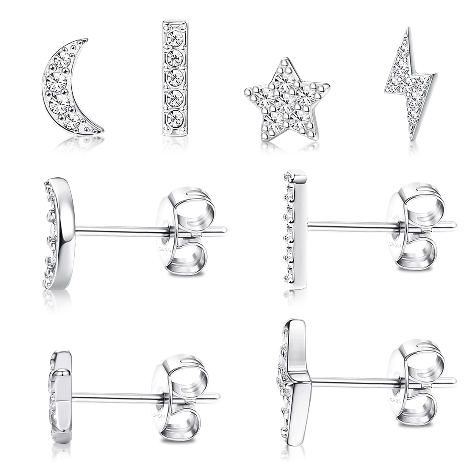 14K Gold Plated Sterling Silver Post Stud Earrings Set - 3 Pairs Hypoallergenic Tiny Stud Earrings with Cubic Zirconia (CZ) | Moon & Star Design for Women | Perfect for Everyday Wear, Gift Giving & Special Occasions