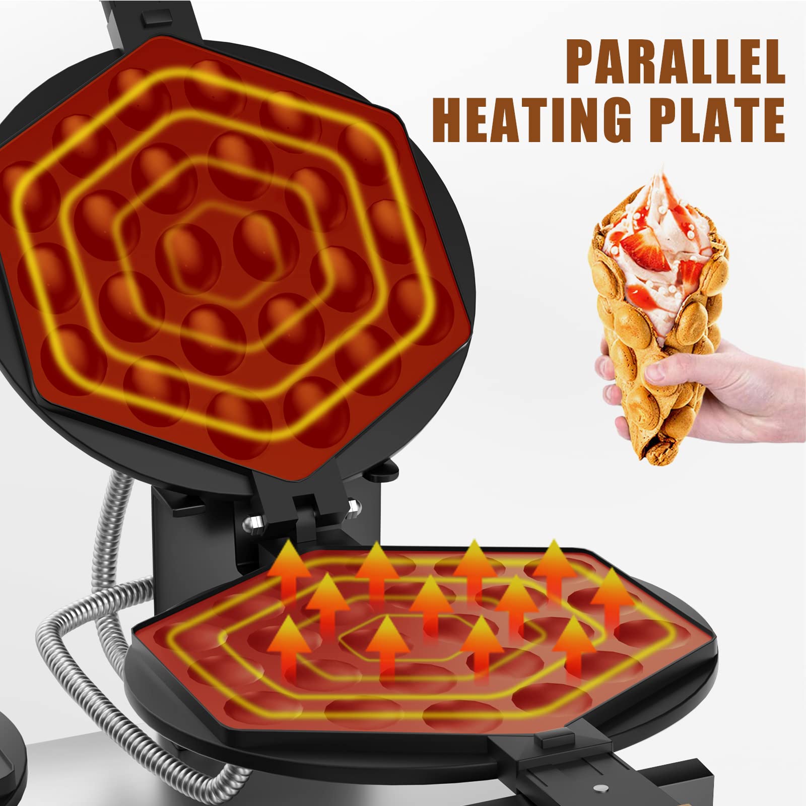 Commercial Double Bubble Waffle Maker - Non-Stick Hong Kong Egg Waffle Iron with 180° Rotation, Stainless Steel Pancake Machine for Home & Restaurant Use - Perfect for Breakfast, Desserts, and Street Food Snacks