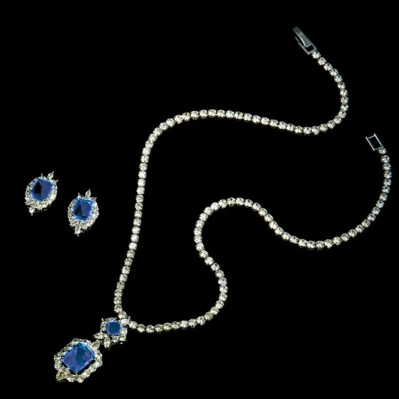 Sapphire Blue Crystal Necklace & Earring Set - Elegant Wedding Jewelry for Brides, Bridesmaids & Formal Occasions | 9175