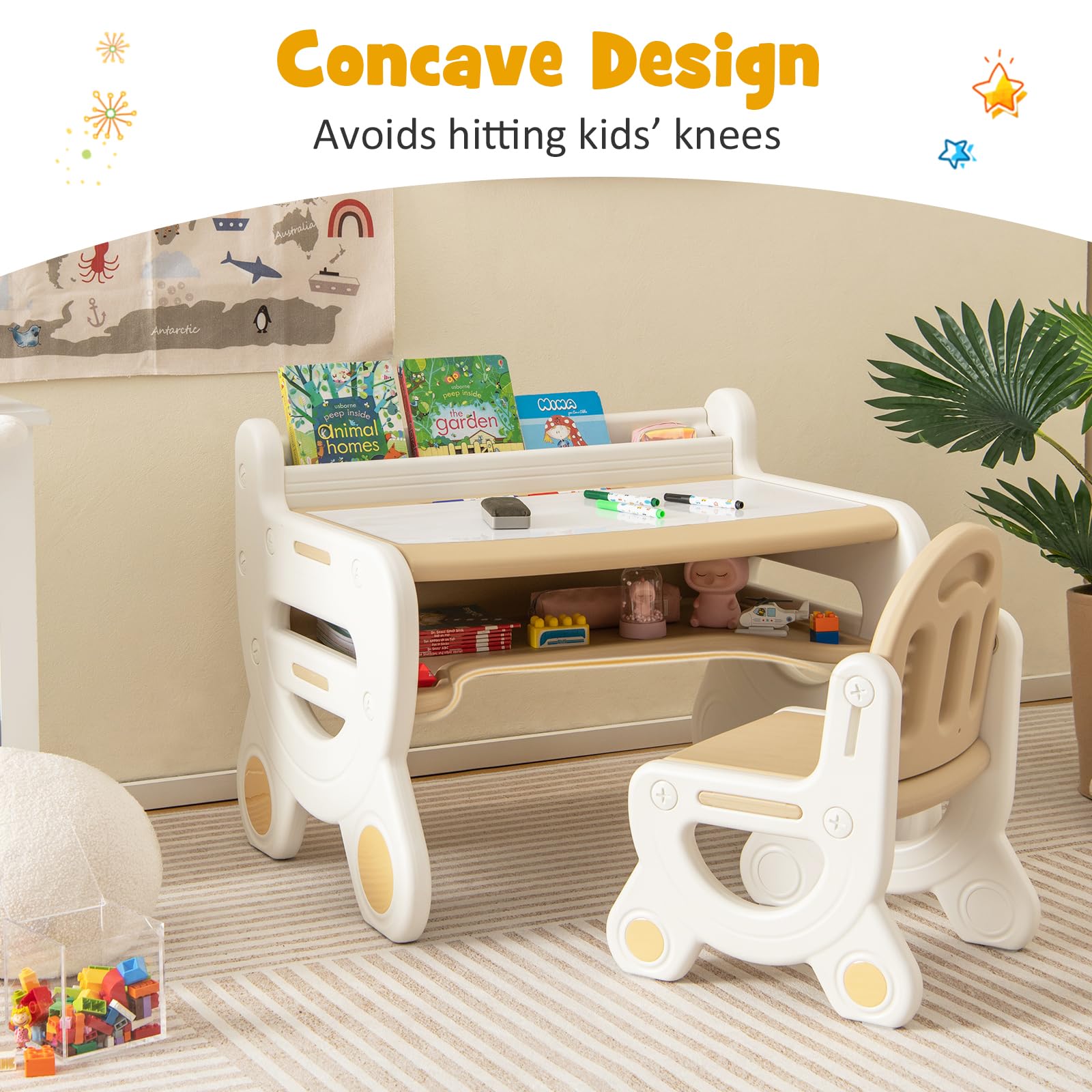 Costzon Kids Table and Chair Set - Plastic Activity Table with Watercolor Pens, Blackboard Eraser & Storage Shelf for Drawing, Reading, Playing & Eating - Toddler Table and Chair Set (Coffee) - Perfect for Preschool Learning, Arts & Crafts, and Playroom Activities