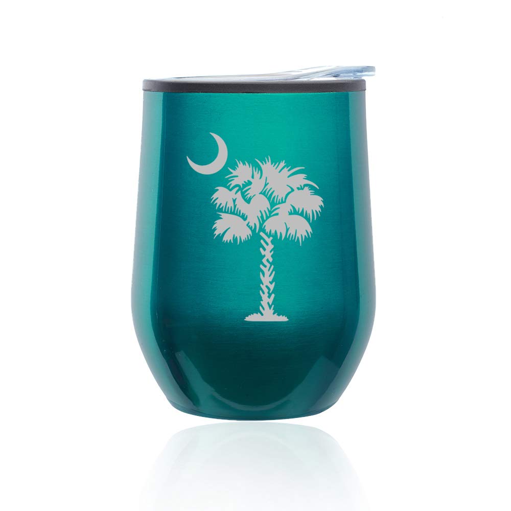 Stemless Wine Tumbler with Lid - 16oz Insulated Travel Mug for Coffee, Tea & Cold Drinks - South Carolina Palmetto Tree Design in Turquoise Teal - Perfect for Beach, Picnics & Outdoor Activities