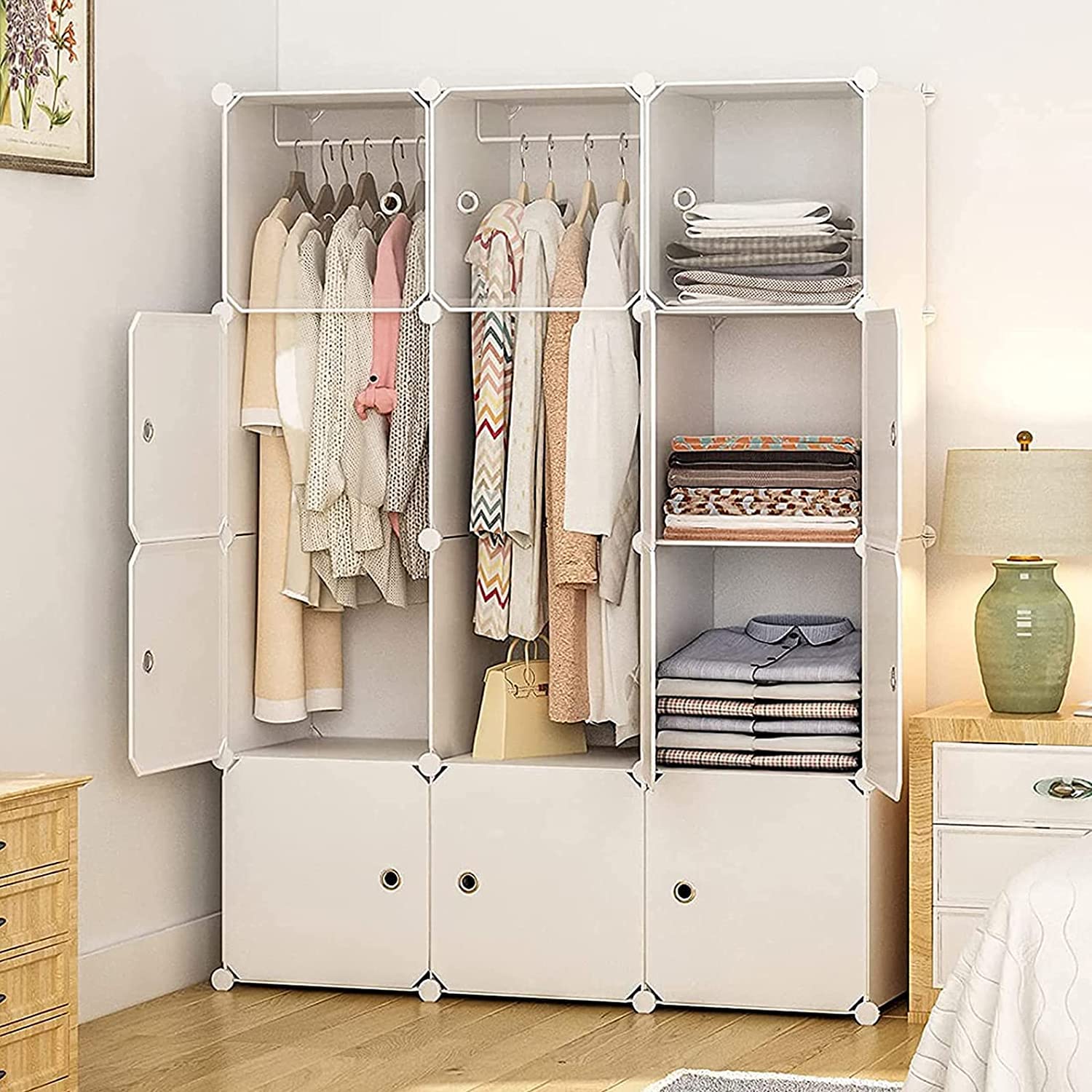 Aeitc 12-Cube Portable Wardrobe Closet with Doors & 2 Hangers - White Storage Organizer for Bedroom, Closet, Dorm Room - Space Saving Clothes & Accessories Armoire