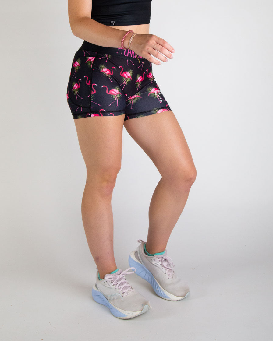 Women's High Waist 3-Pack Flamingo Print Compression Shorts - Moisture Wicking Workout & Yoga Leggings for Running, Gym & Activewear