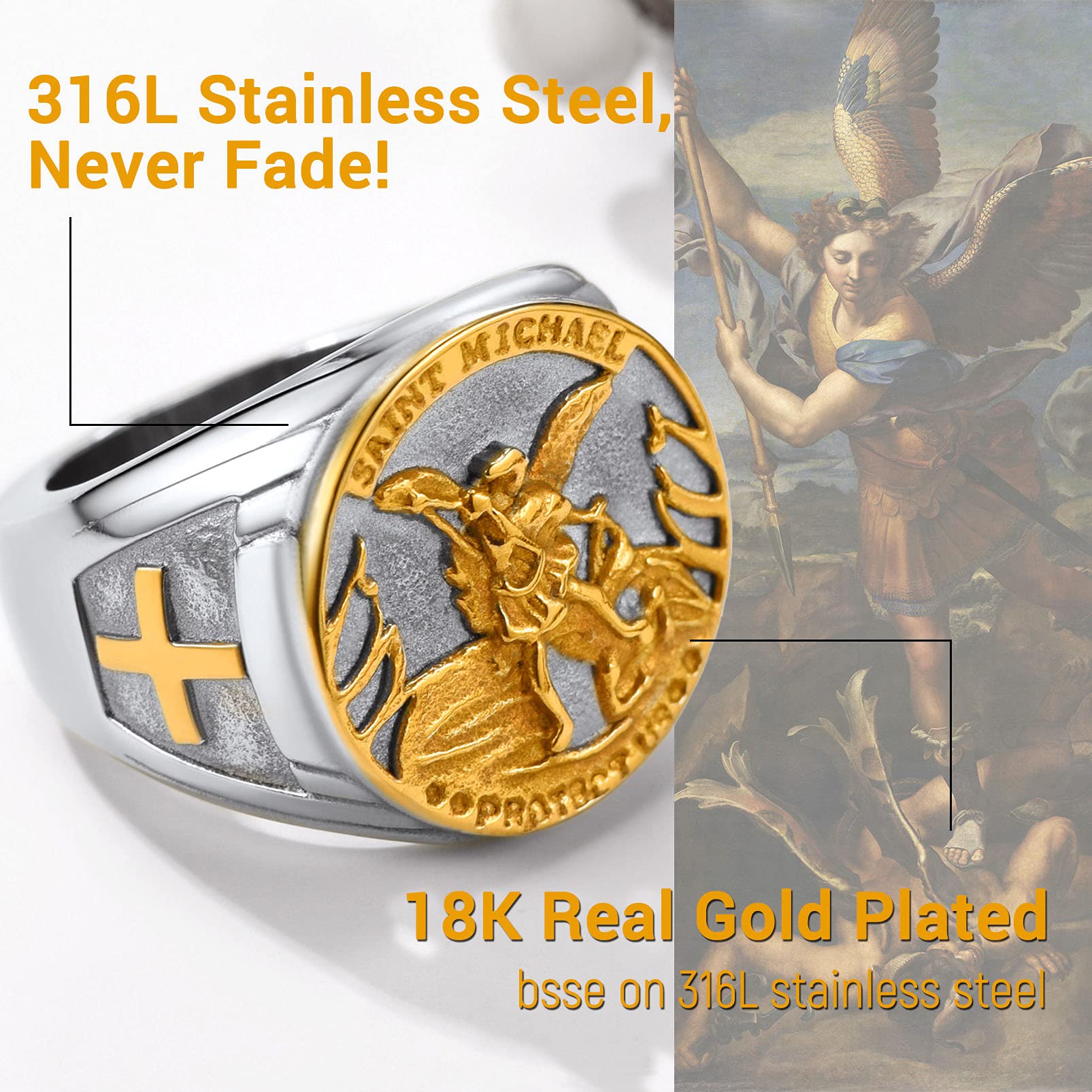 PROSTEEL Men's Archangel Angel Ring - Saint Michael & Christopher Religious Jewelry - Gold Plated Stainless Steel Ring with Gift Box - Perfect for Baptism, Confirmation & Spiritual Gifts