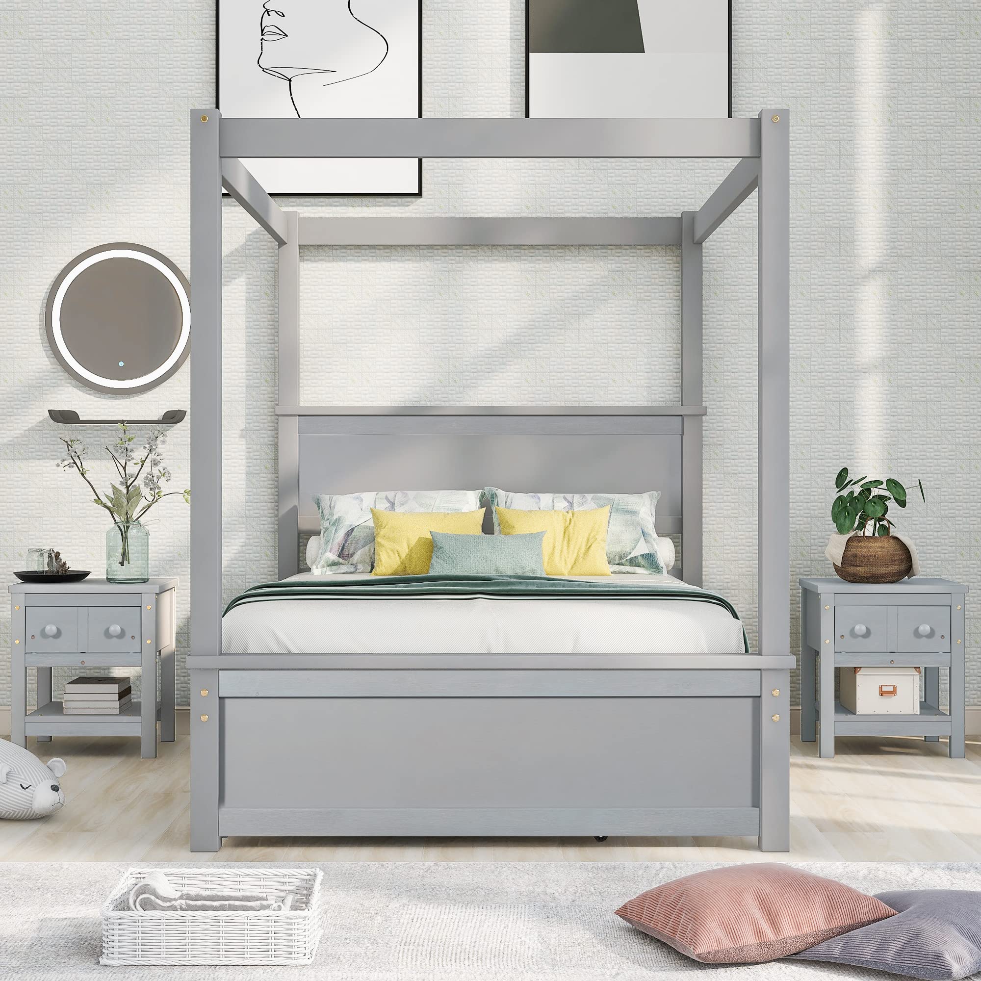 Harper & Bright Designs Full Size Canopy Platform Bed with Trundle - Solid Wood Bed Frame with 2 Nightstands, Noise Free No Box Spring Needed, Gray - Perfect for Small Bedrooms, Guest Rooms & Space-Saving Solutions