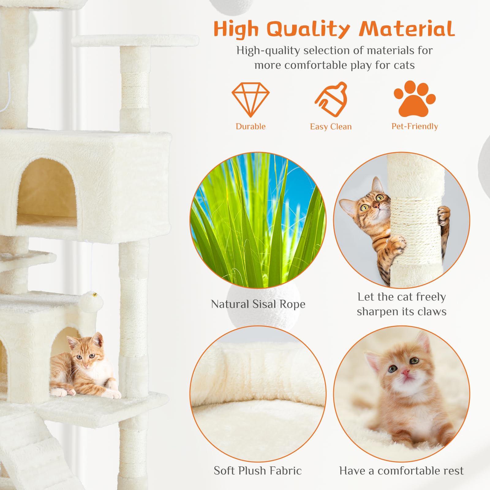 FluffyDream 54-Inch Multi-Level Cat Tree Tower for Indoor Cats - Large Cat Condo with Sisal Scratching Posts, Playhouse & Perches for Kittens & Adult Cats (Beige) | Perfect for Small Spaces, Apartments & Multi-Cat Households