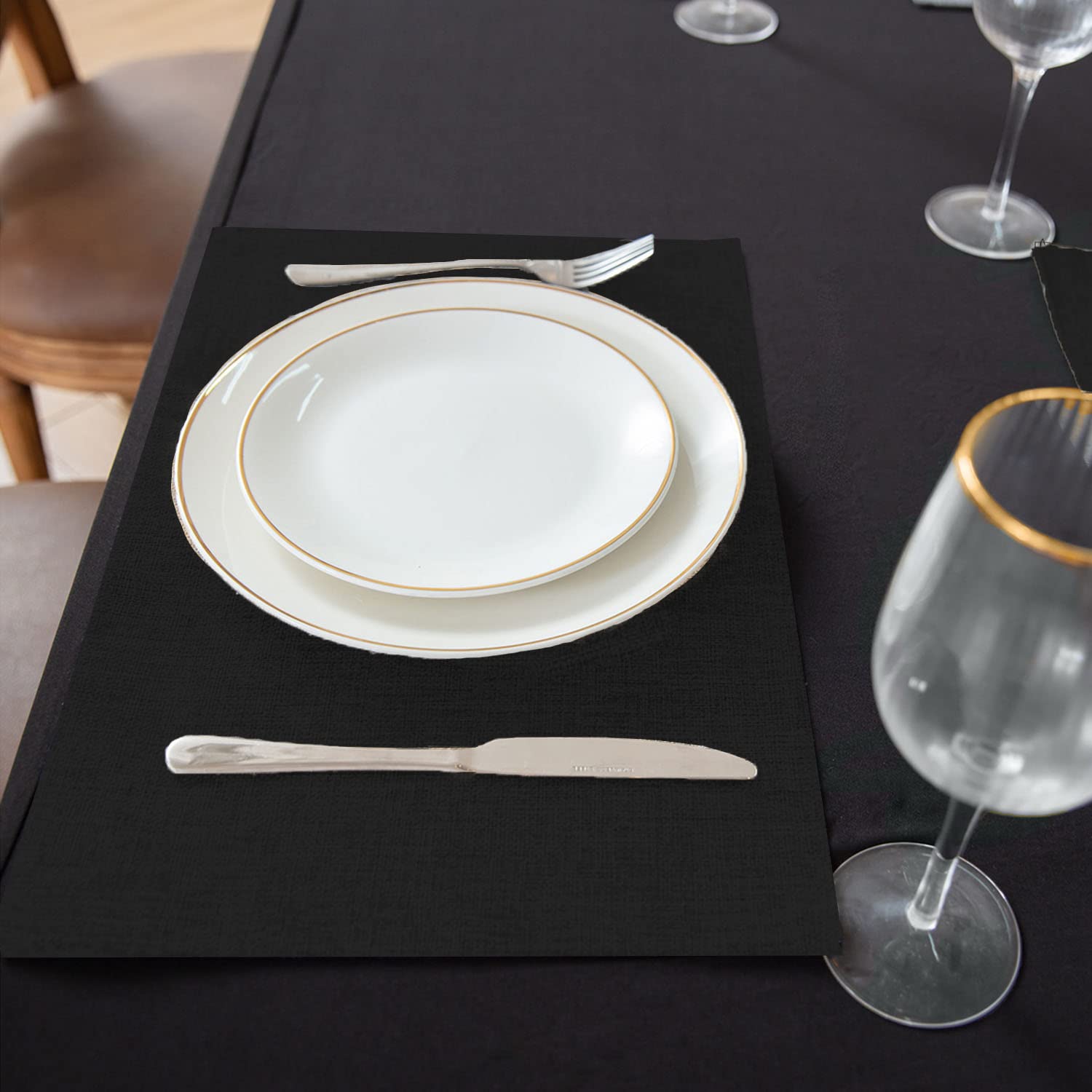 Premium Set of 8 Linen-Like Polyester Placemats - Machine Washable, Heat Resistant & Wrinkle-Free Thick Dining Table Mats for Kitchen & Formal Occasions (Black) - Perfect for Everyday Meals, Dinner Parties & Holiday Gatherings