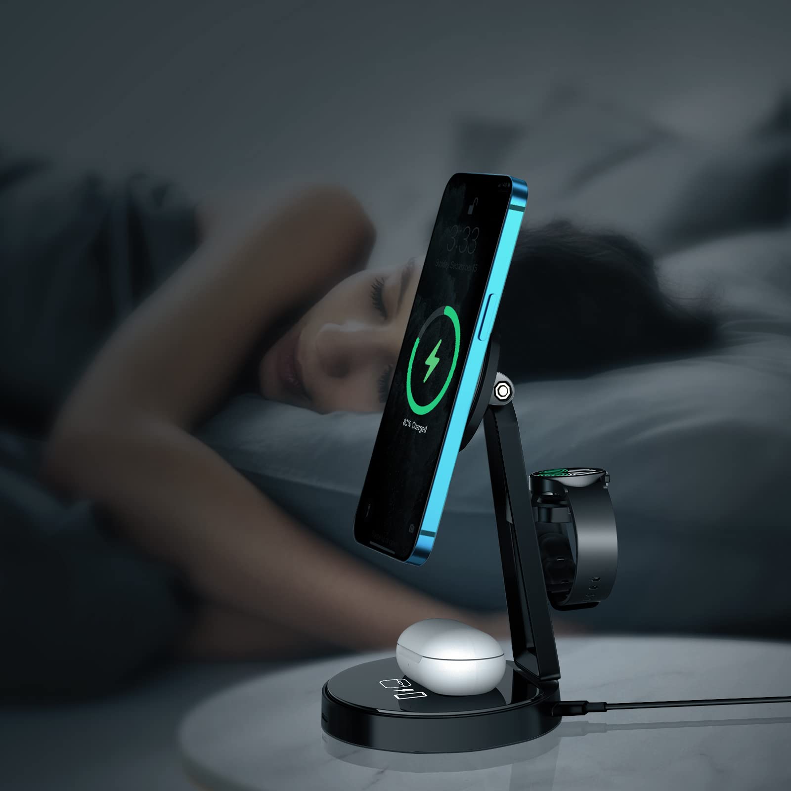 3-in-1 Fast Wireless Charging Station for Samsung Galaxy S24/S23/S22/S21/Note 20 Series - MagSafe Charger Stand Dock for Galaxy Watch 7/6/5/5 Pro/4/3 & Buds+/Live - Perfect for Home, Office & Travel