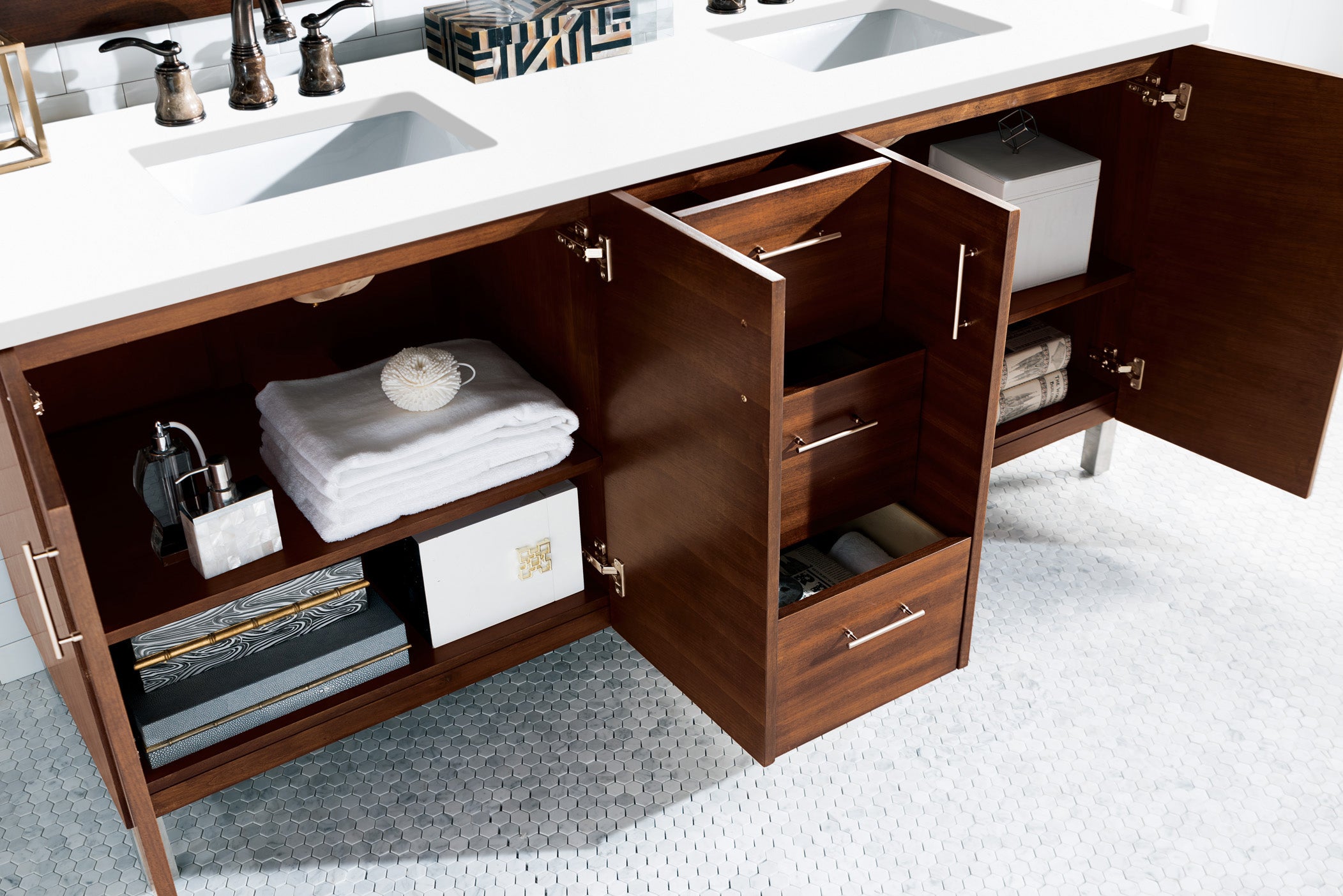 Metropolitan 72 Inch Double Bathroom Vanity with American Walnut Finish & 3CM Classic White Quartz Countertop - Perfect for Master Bathroom or Guest Suite Renovation