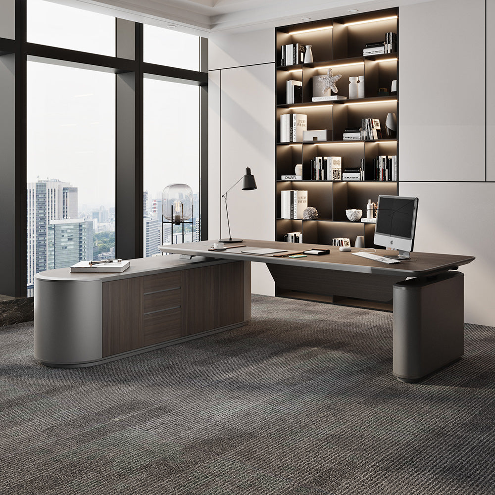 LUCA Electric Height Adjustable Sit Stand Desk 240cm - Hazelnut & Grey Finish, Ergonomic Executive Office Desk with Reversible Return for Home & Workspace
