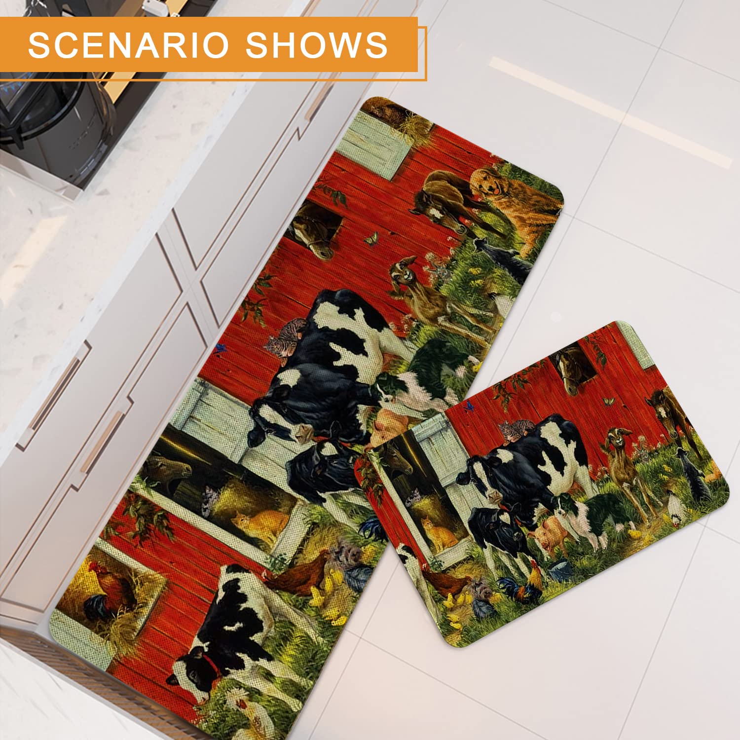 Farmhouse Kitchen Rugs Set of 2 - Non-Slip Washable Floor Mats with Farm Animal Design (17x29 & 17x47 Inch) for Home Decor, Holiday Cooking & Seasonal Kitchen Accents - Perfect for Country Style Kitchens and Cozy Farmhouse Aesthetics