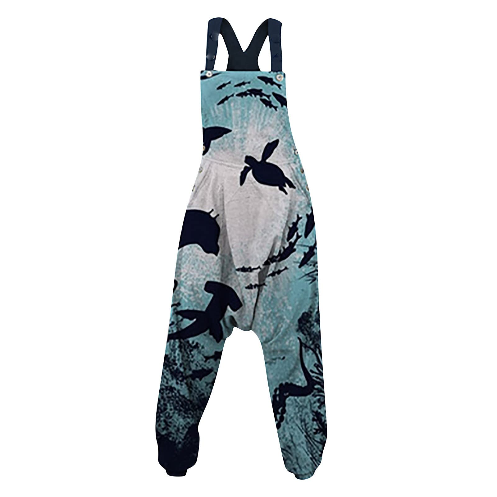 Women's Linen Jumpsuit with Suspenders - Loose Fit Baggy Cotton Wide Leg Romper with Printed Bib Overalls | Casual Summer Outfit, Beach Wear, Boho Fashion