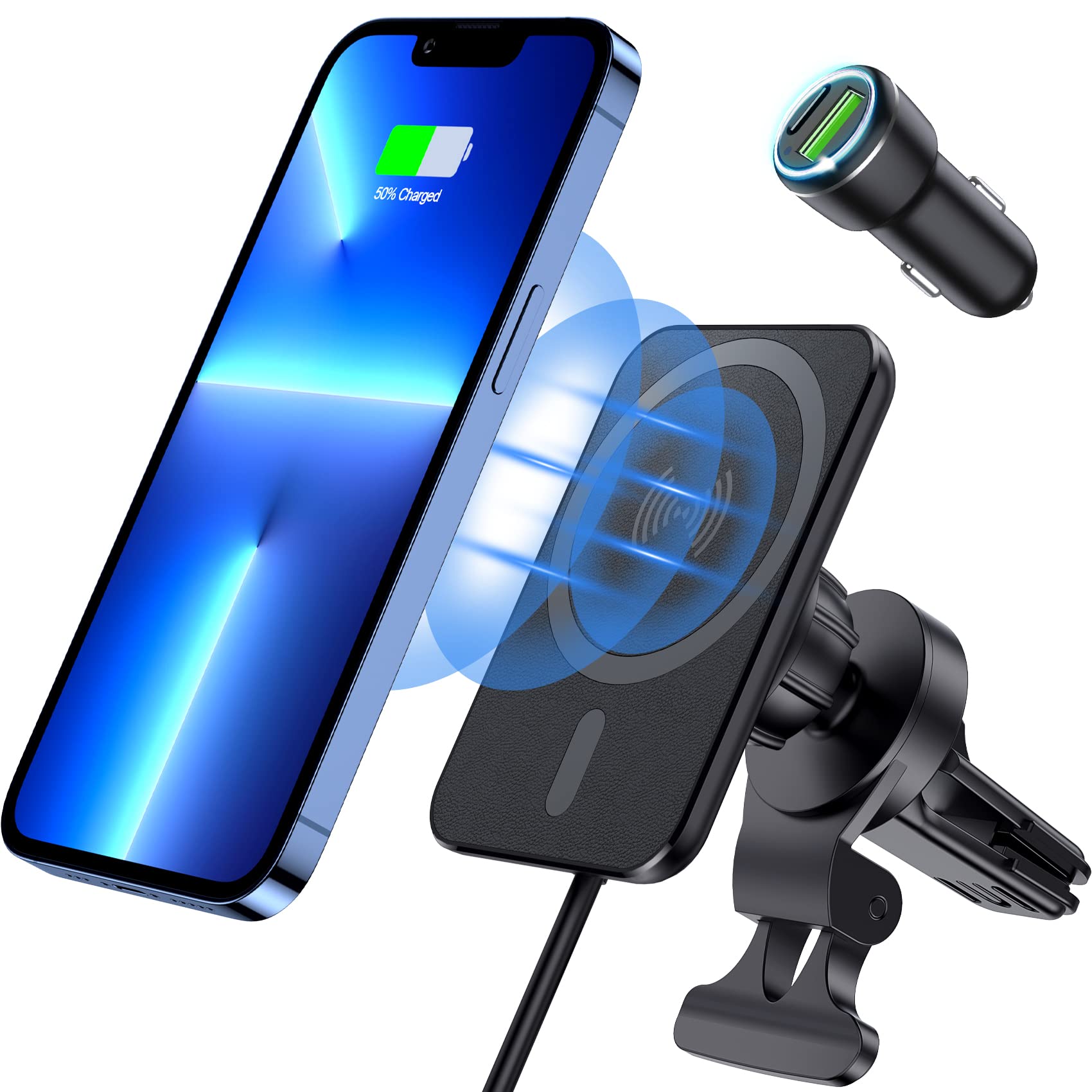 Magnetic Wireless Car Charger for iPhone 15/14/13/12 Series - 15W Fast MagSafe Car Mount Charger with Powerful Hold - Perfect for Safe Hands-Free Driving & Navigation